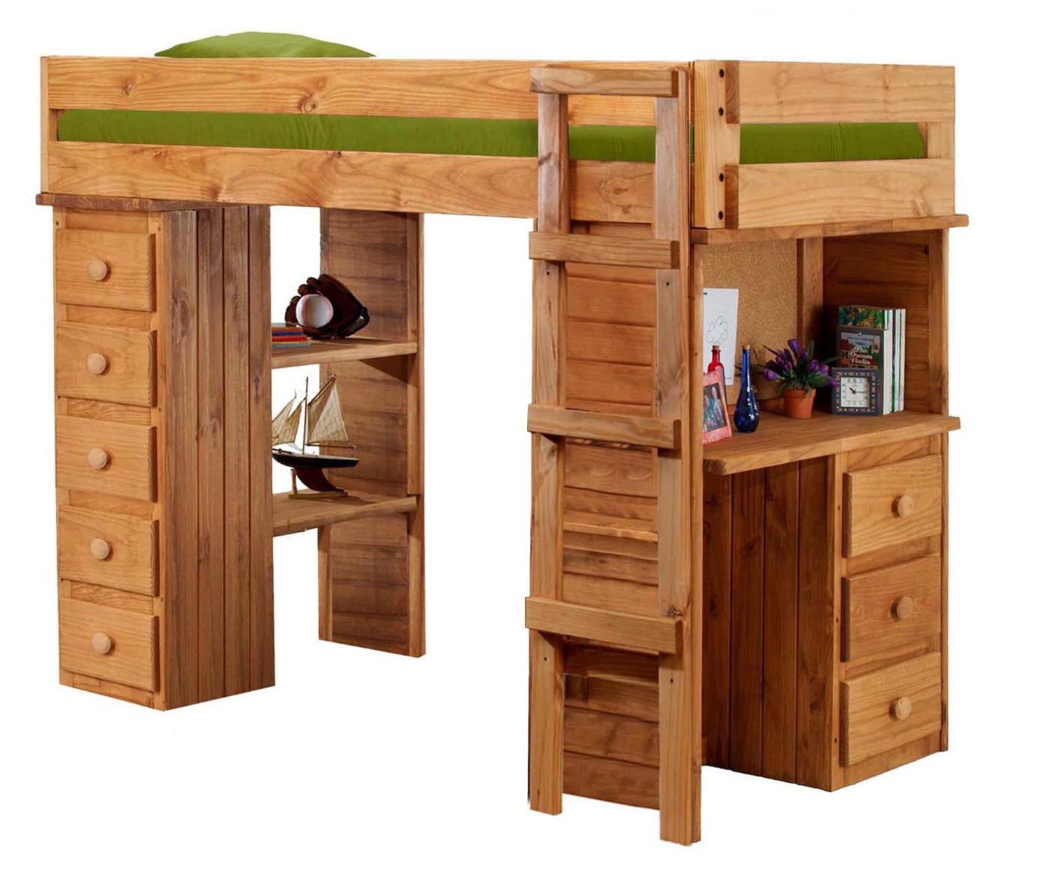 Chelsea Home 315025 Twin Student Loft Bed with Desk and Chest Ends - Ginger Stain