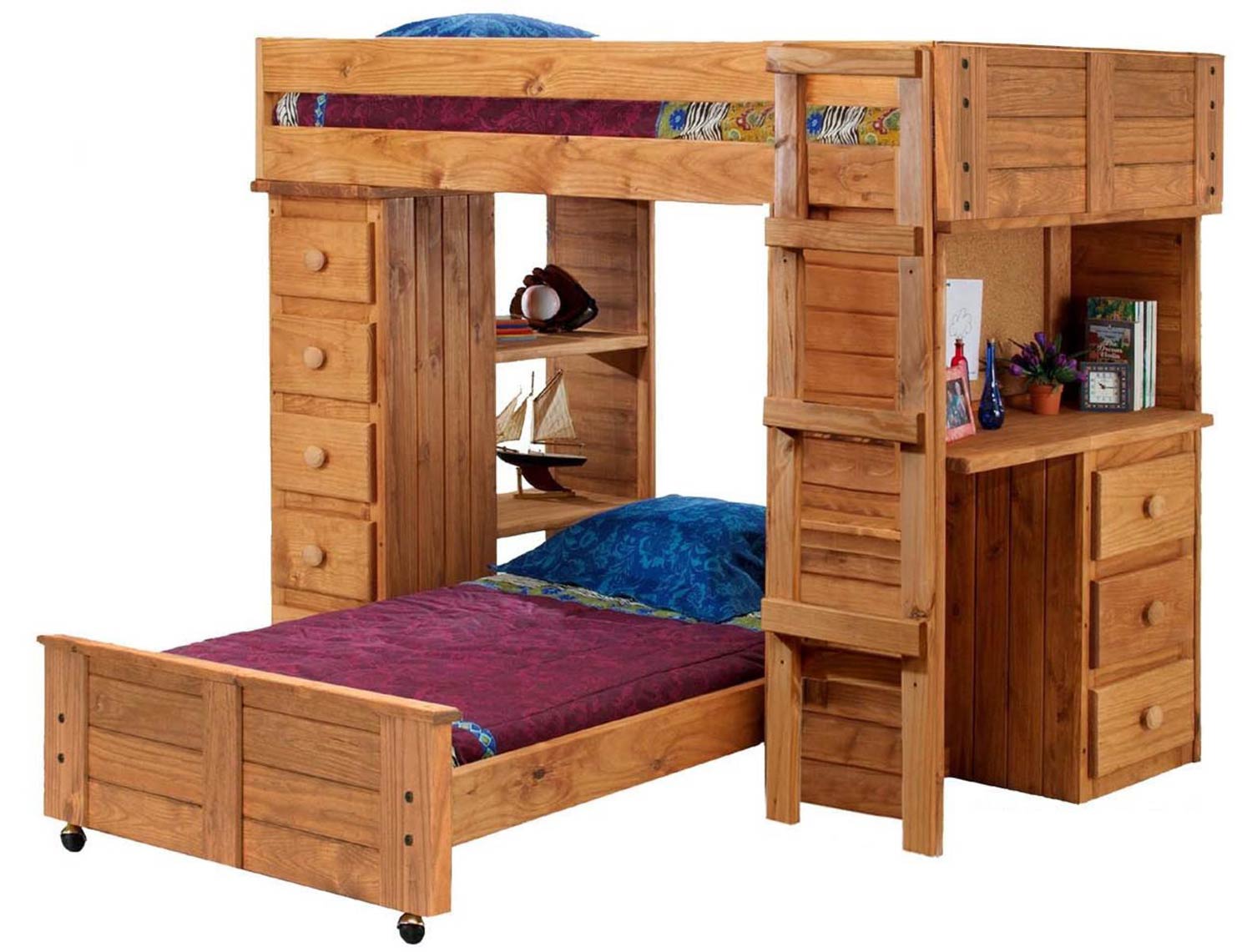 Chelsea Home 315040 Twin Over Twin Student Loft Bed with Panel HB/FB and Desk and Chest Ends - Ginger Stain