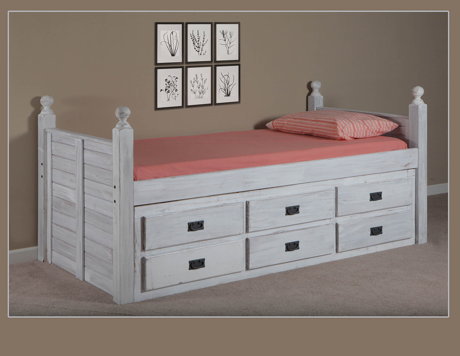 Chelsea Home Twin Panel Post Captain Bed with Six Drawer Unit - White Distressed