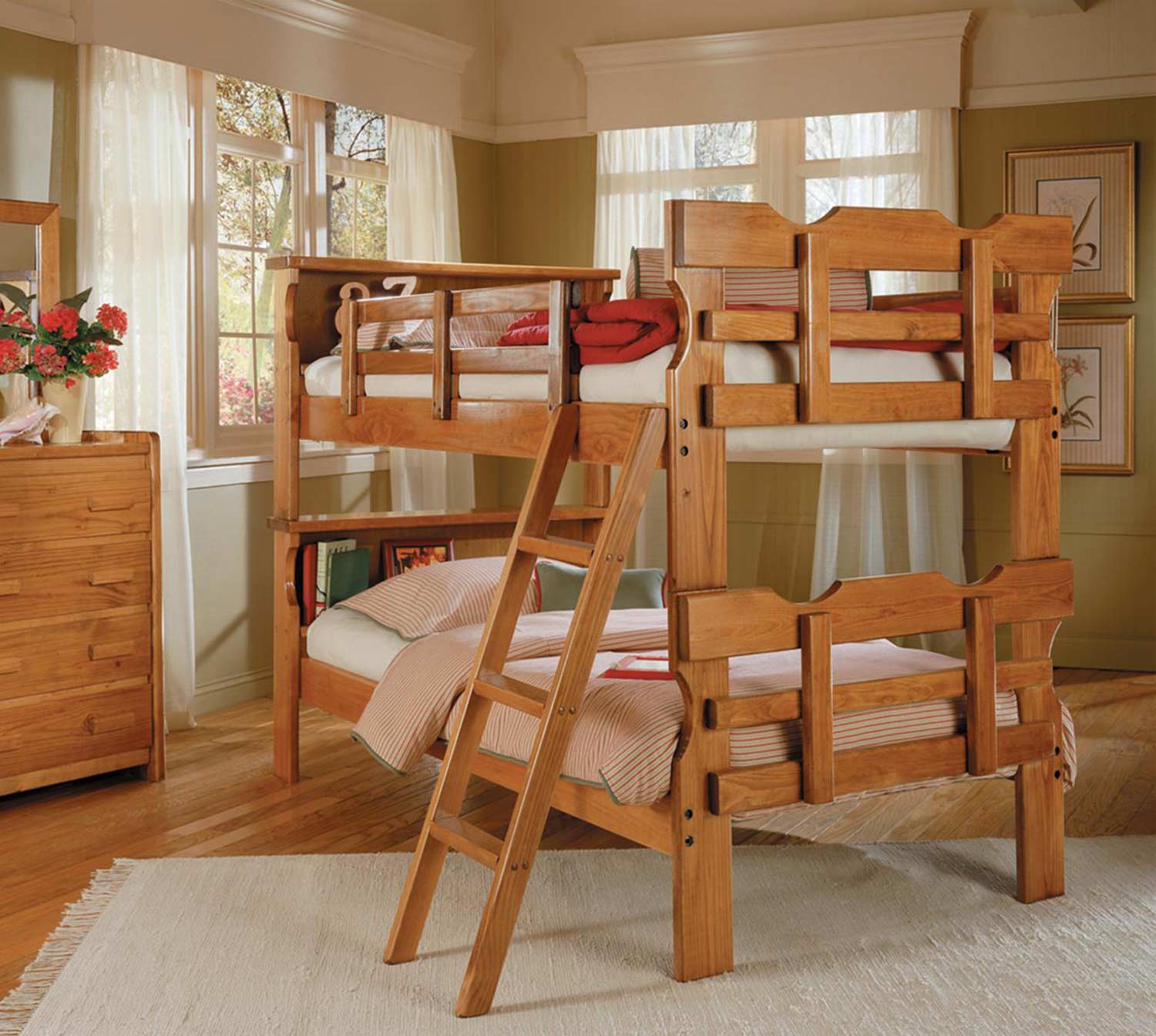 Chelsea Home 3615001 Twin Over Twin Bookcase Scalloped Bunk Bed - Honey