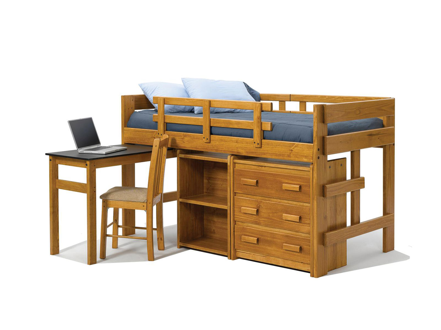 Chelsea Home 3626003 Twin Mini Loft Bed with Pull Out Desk, Bookcase and Storage - Honey