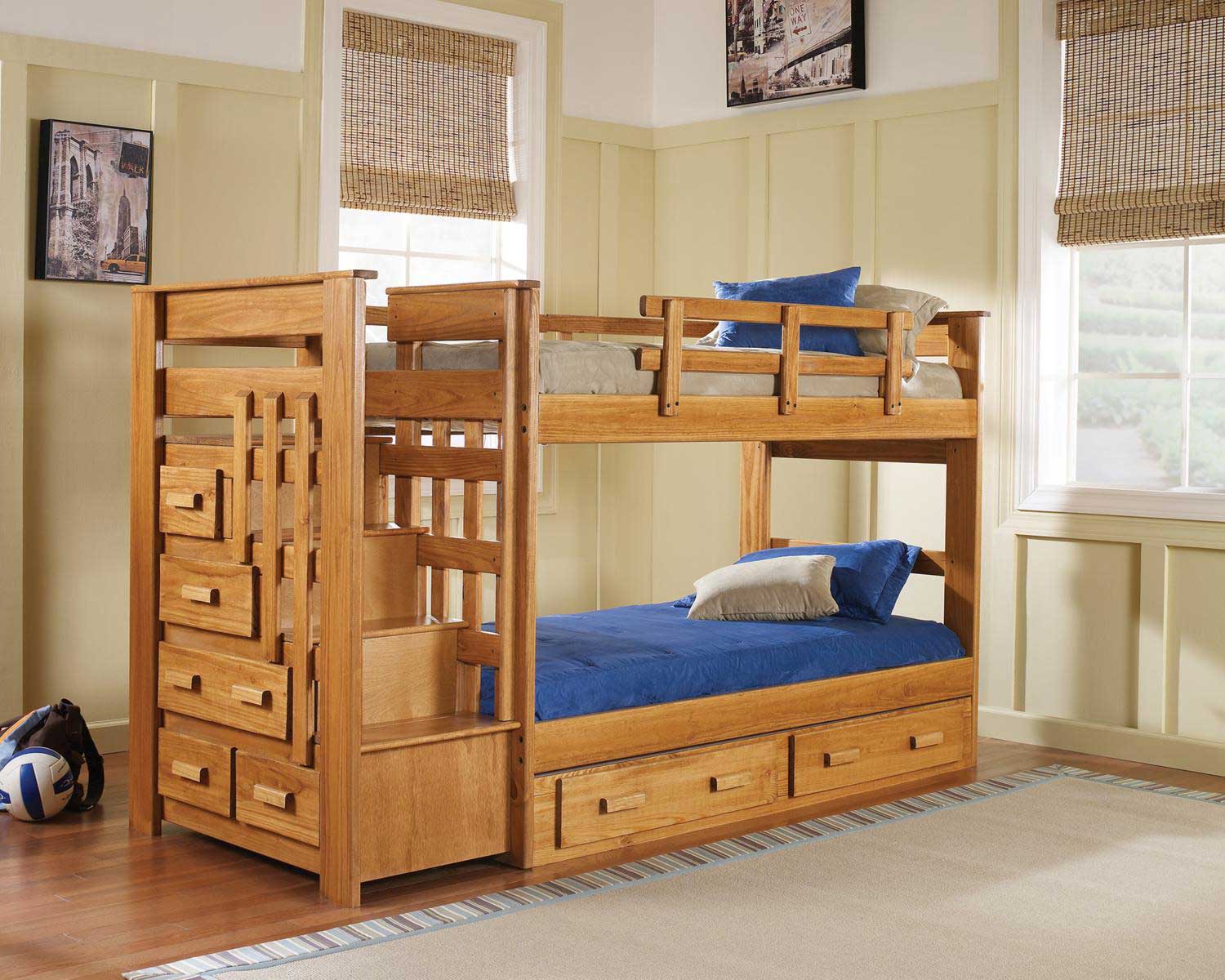Chelsea Home 365001-S Twin Over Twin Stairwaybed with Underbed Storage - Honey