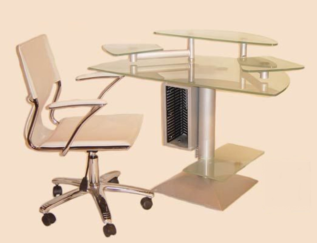 Chintaly Imports Computer Desk with Frosted Glass Top and Swivel Arm Chair Set