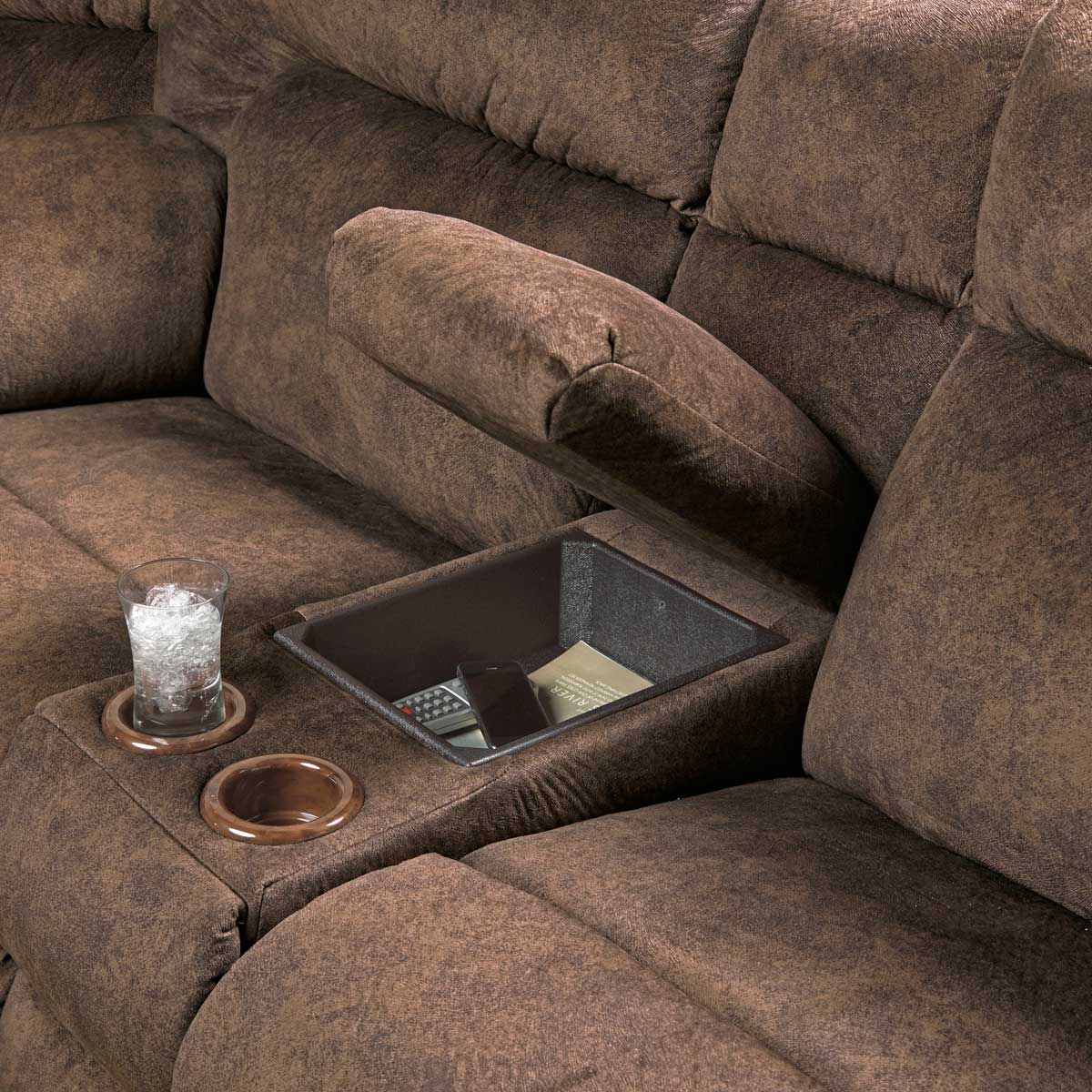 CatNapper Nichols Lay Flat Reclining Console Loveseat with Storage - Cupholders - Chestnut