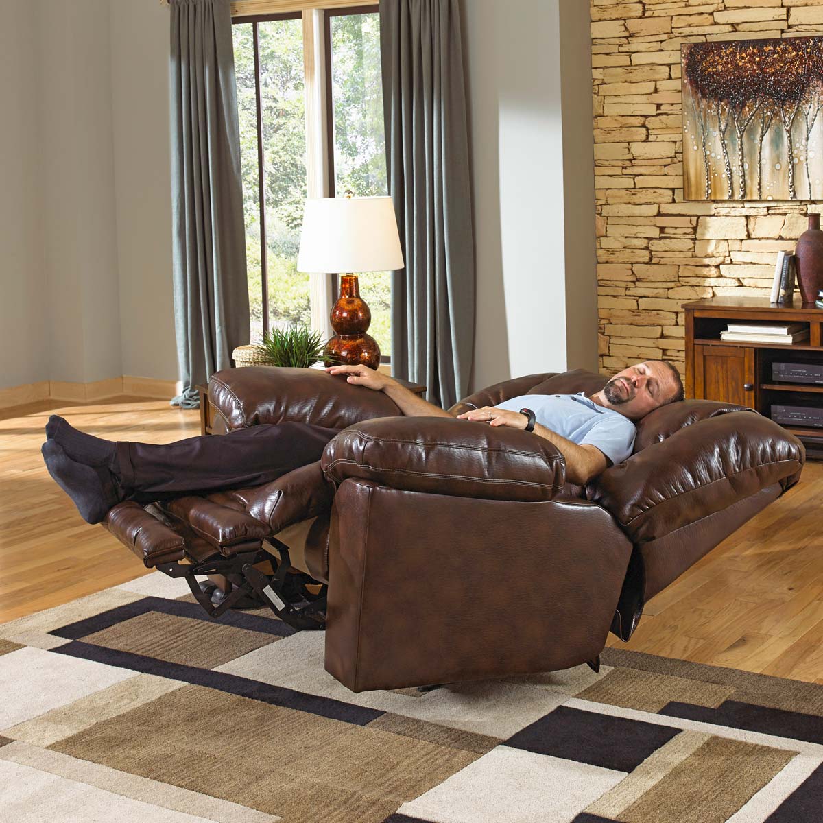 CatNapper Foster Bonded Leather Power Lay Flat Recliner with X-tra Comfort Footrest - Havana