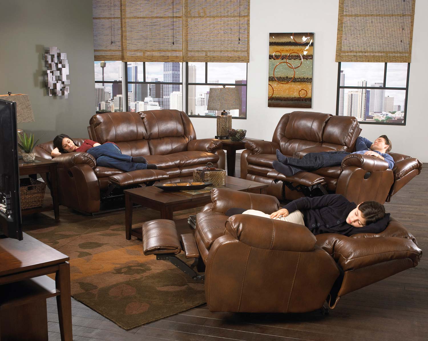 CatNapper Russell Bonded Leather Power Lay Flat Reclining Sofa Set - Tobacco