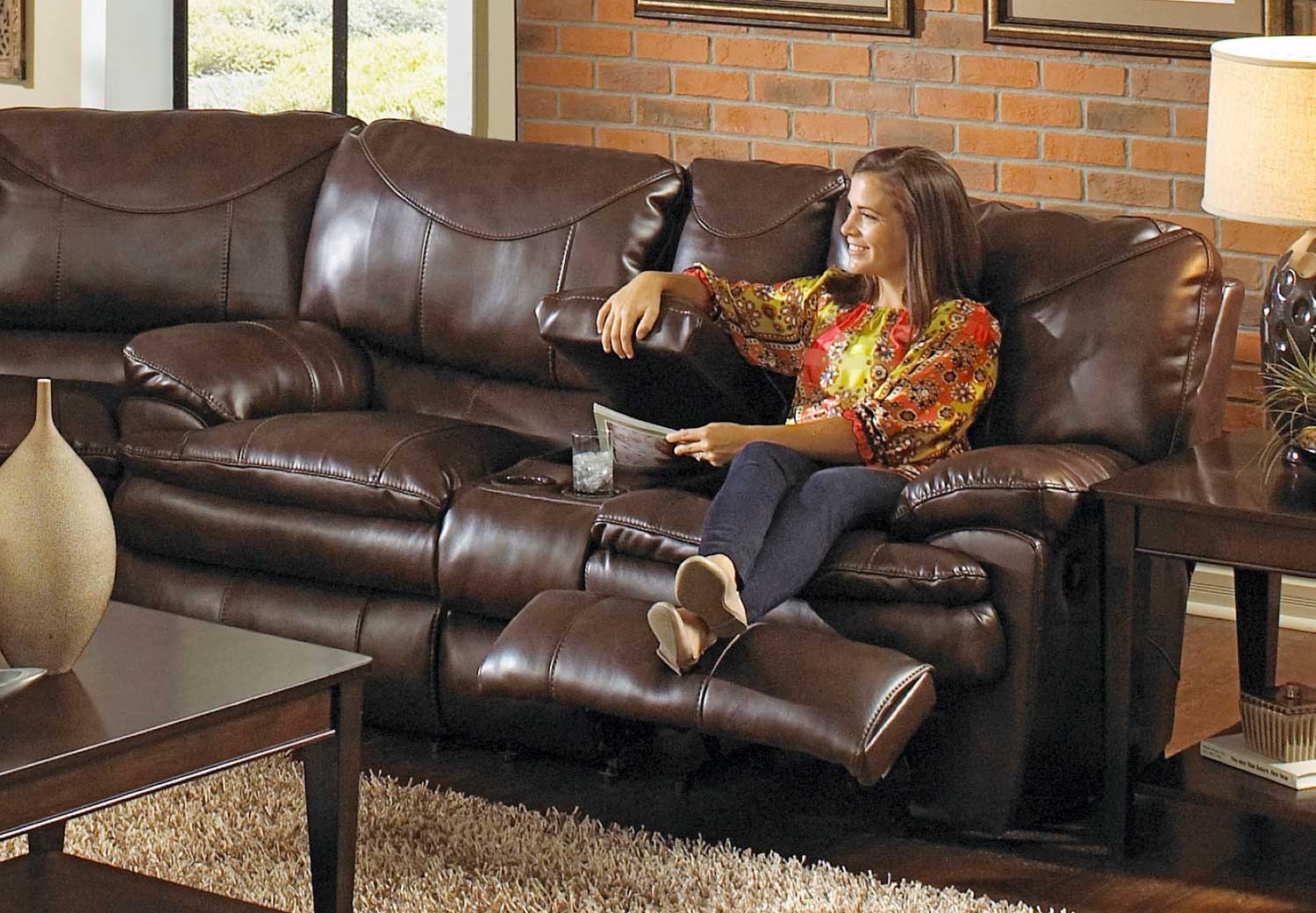 CatNapper Perez Power Reclining Console Loveseat with Storage and Cupholders - Chestnut