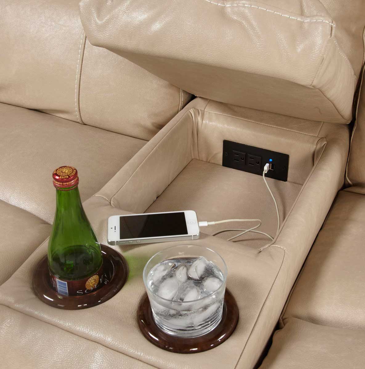 CatNapper Carmine Lay Flat Console Loveseat with Storage, Cupholders, and Dual USB Ports - Pebble
