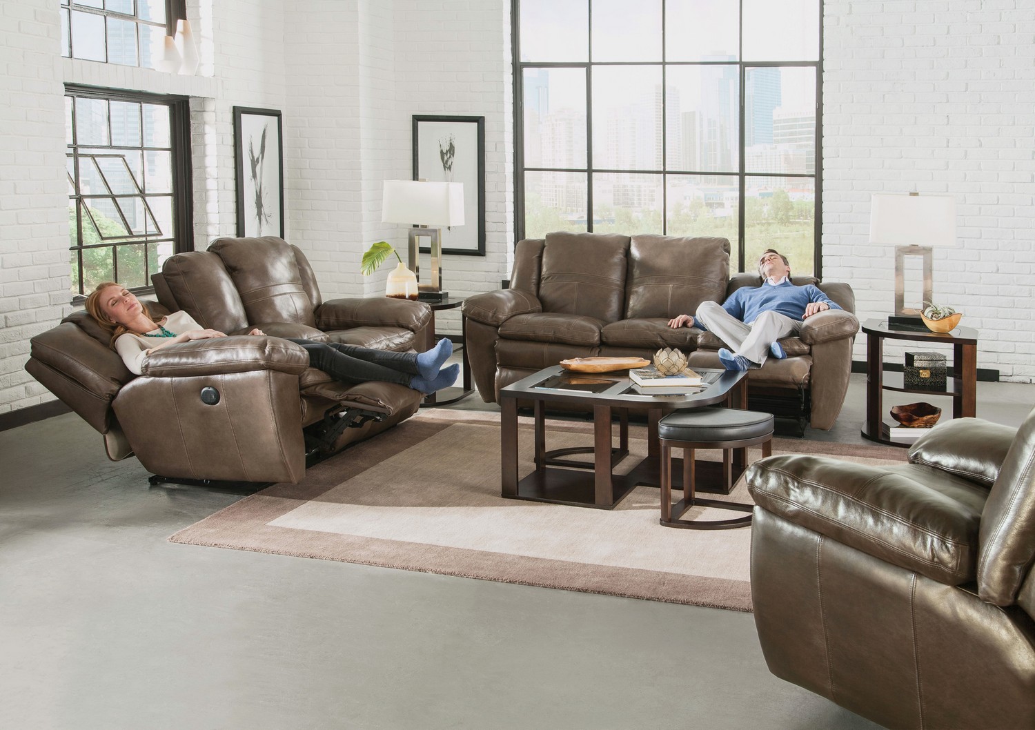 CatNapper Aria Top Grain Italian Leather Lay Flat Reclining Sofa Set - Smoke