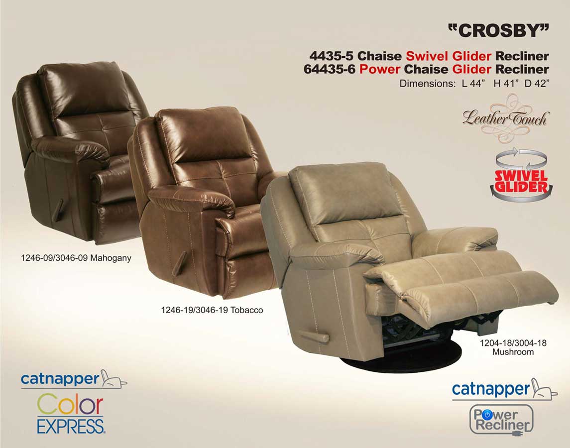 CatNapper Crosby Top Grain Leather Chaise Swivel Glider Recliner - Mushroom
