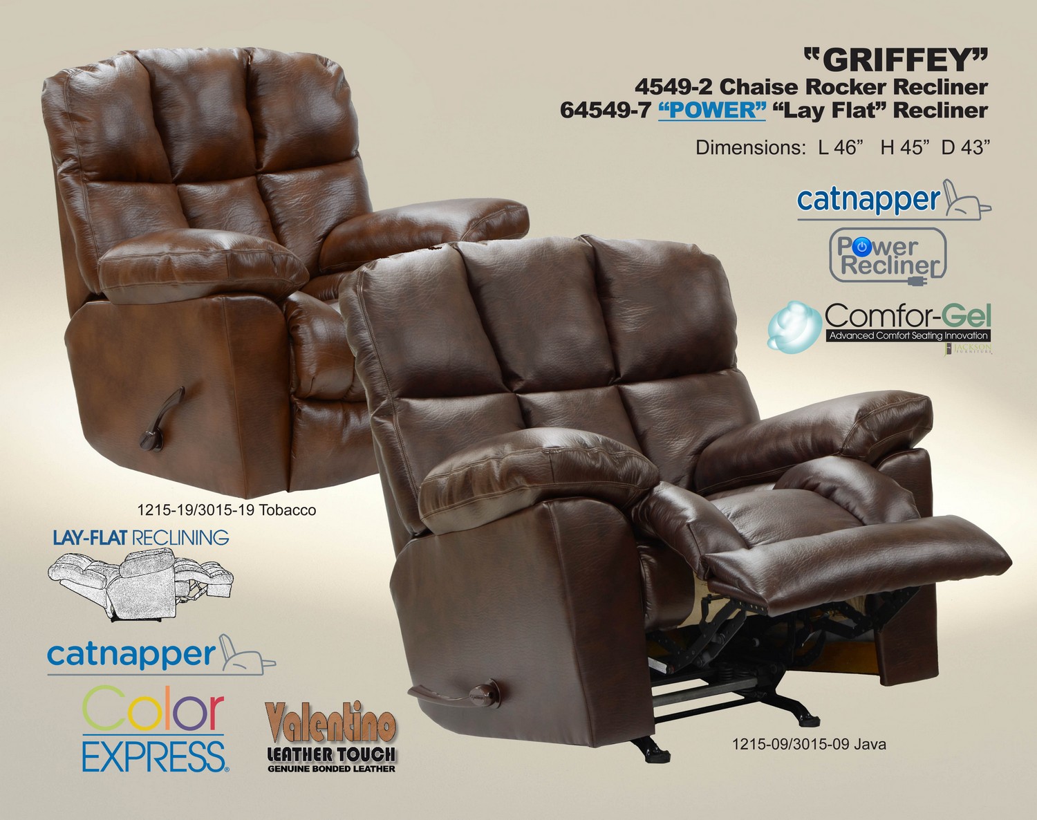 CatNapper Griffey Bonded Leather Chaise Rocker Recliner - Tobacco