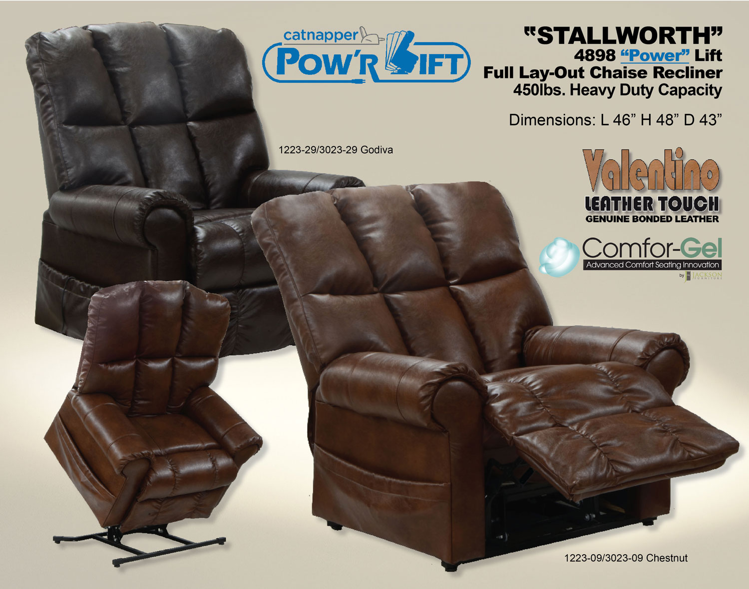 CatNapper Stallworth Bonded Leather Power Lift Full Lay Out Chaise Recliner - Chestnut