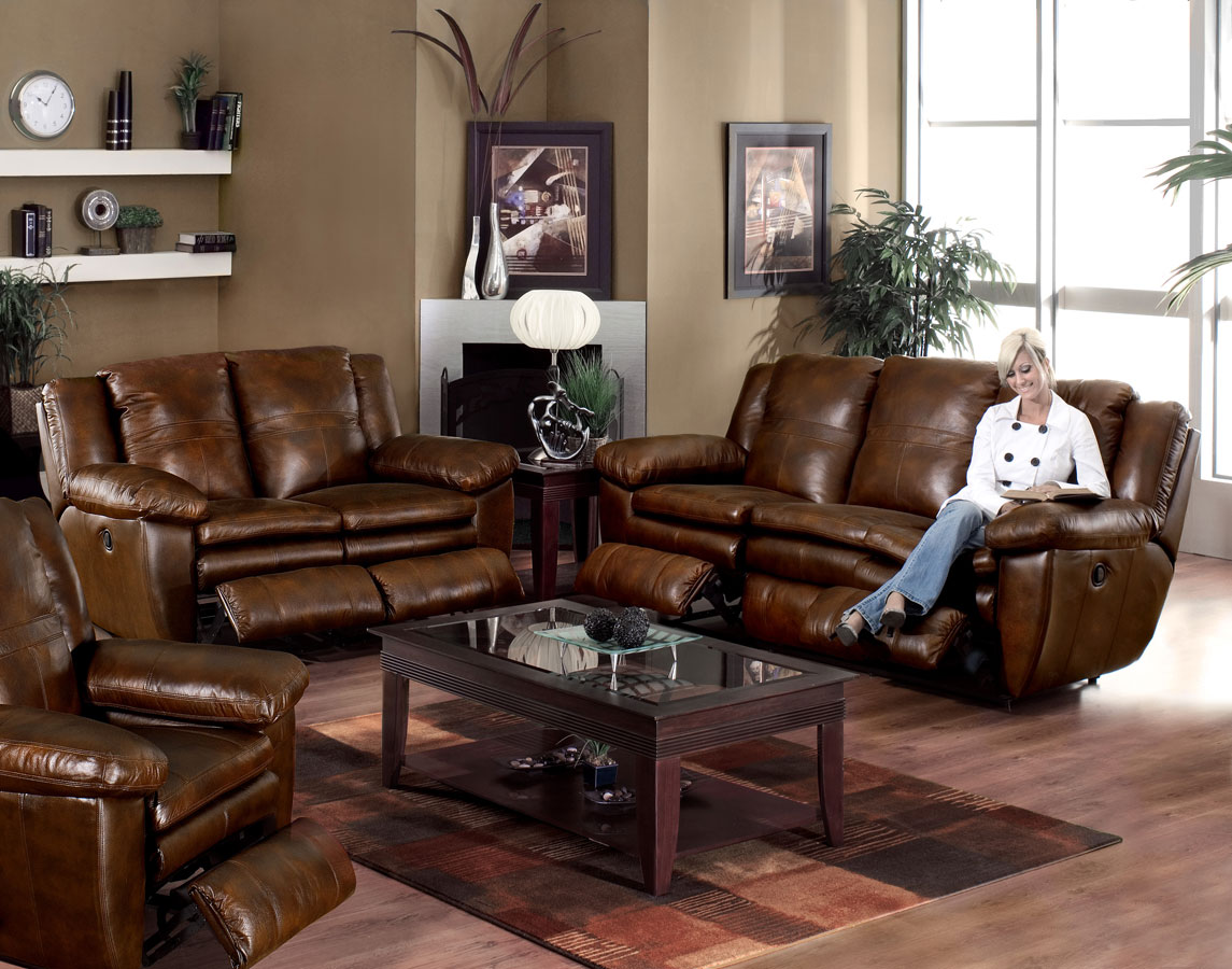 CatNapper Sonoma Top Grain Leather Reclining Sofa Set - Sable