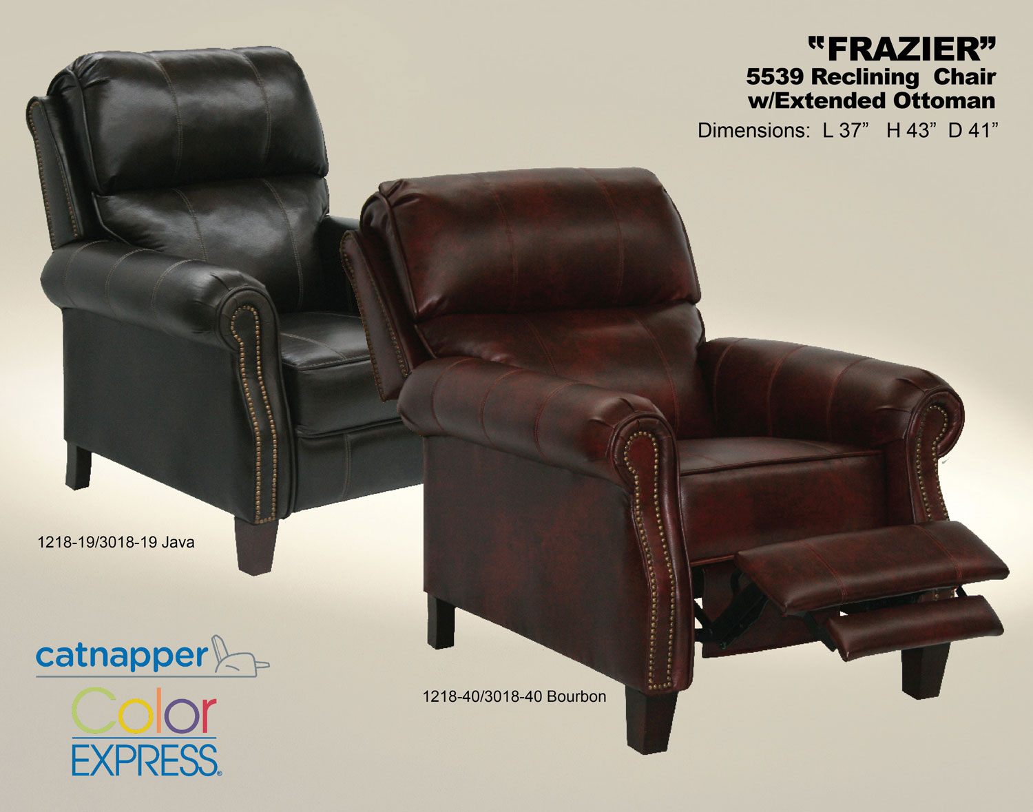 CatNapper Frazier Bonded Leather Reclining Chair with Extended Ottoman - Java