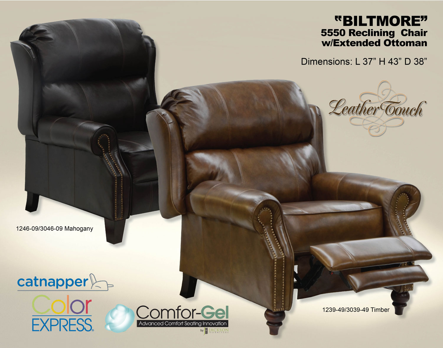 CatNapper Biltmore Top Grain Leather Touch Reclining Chair with Extended Ottoman - Timber