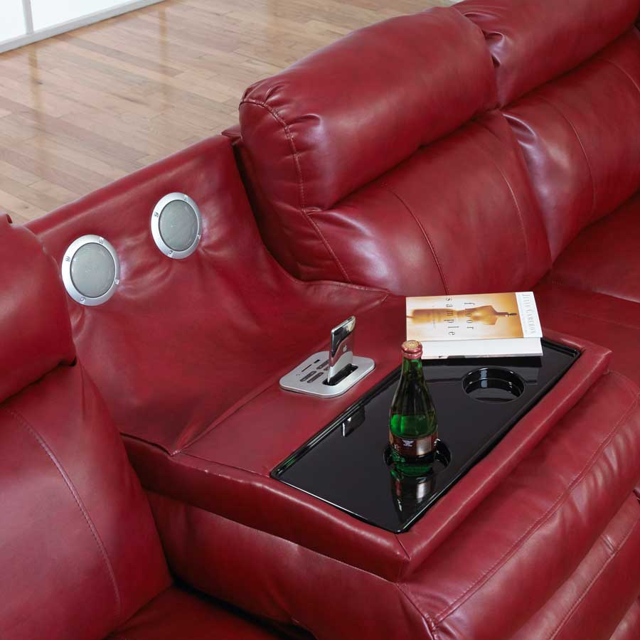 CatNapper Chastain Bonded Leather Sectional with Storage Chaise, Two Recliners and Entertainment - Red