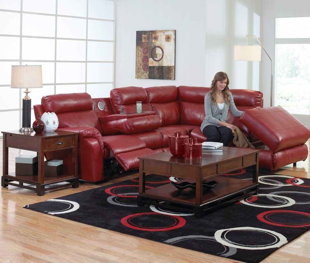 CatNapper Chastain Bonded Leather Sectional with Storage Chaise, Two Recliners and Entertainment - Red