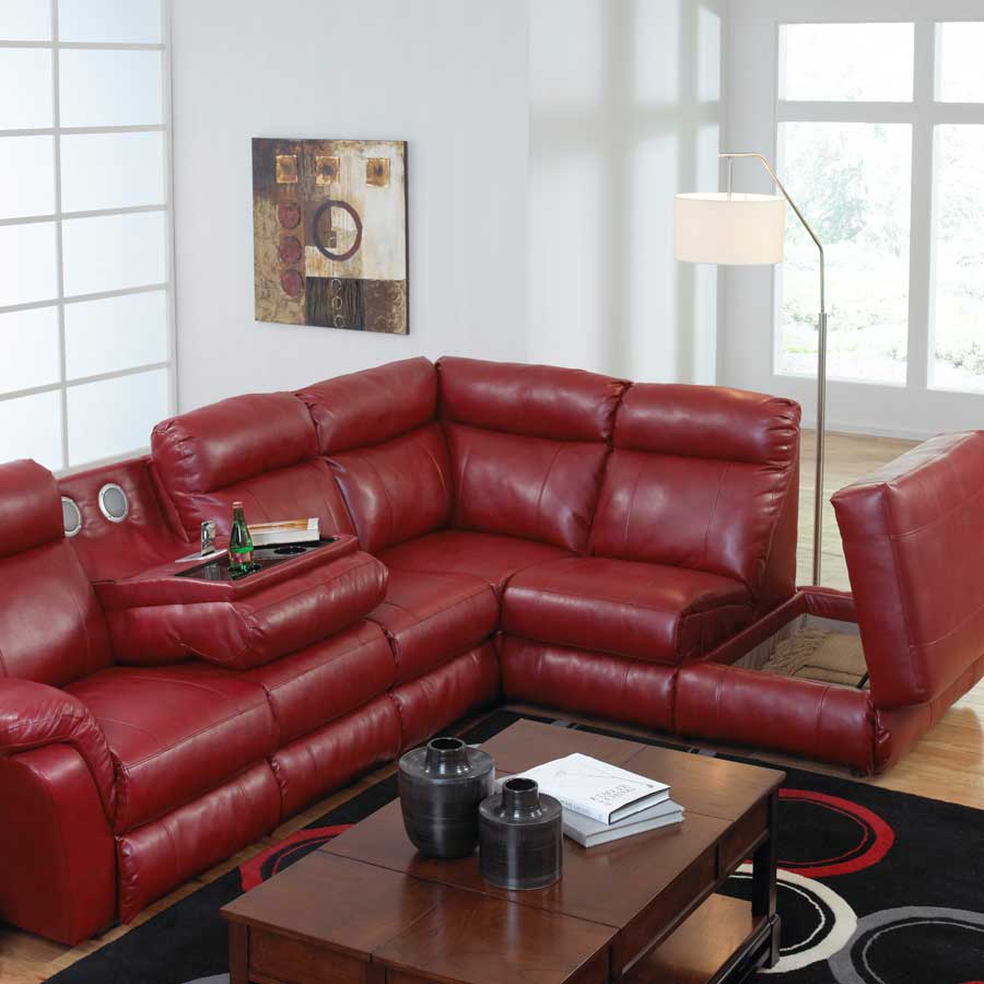 CatNapper Chastain Bonded Leather Sectional with Storage Chaise, Two Recliners and Entertainment - Red