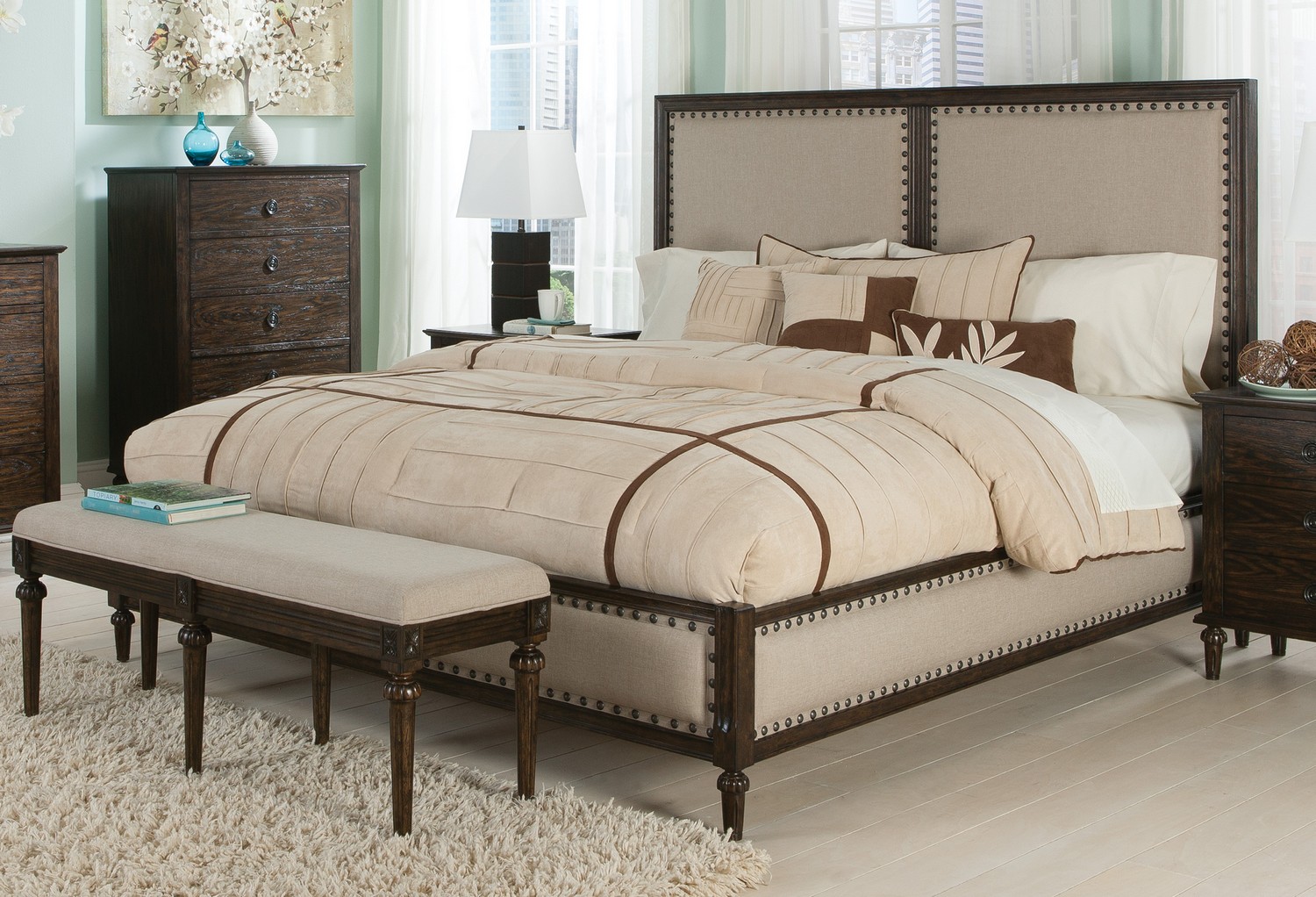 Coaster Saville Upholstered Bed - Brushed Dark Oak