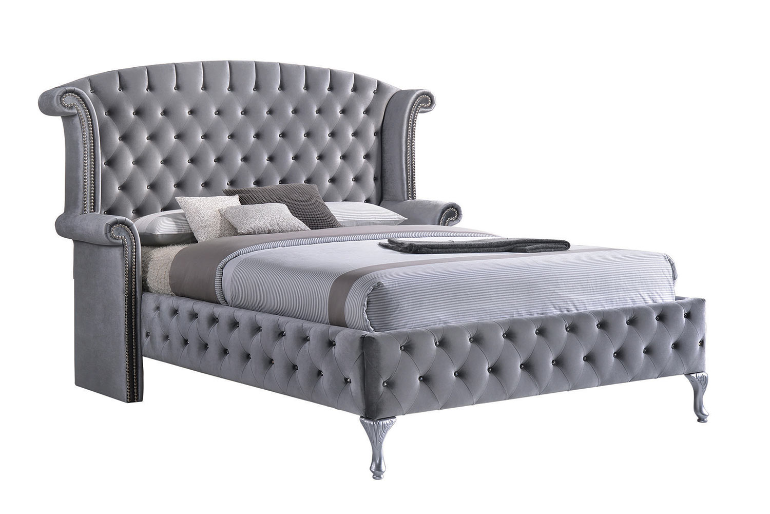 Coaster Deanna Upholstered Tufted Platform Bed - Silver Metallic - Grey Velvet