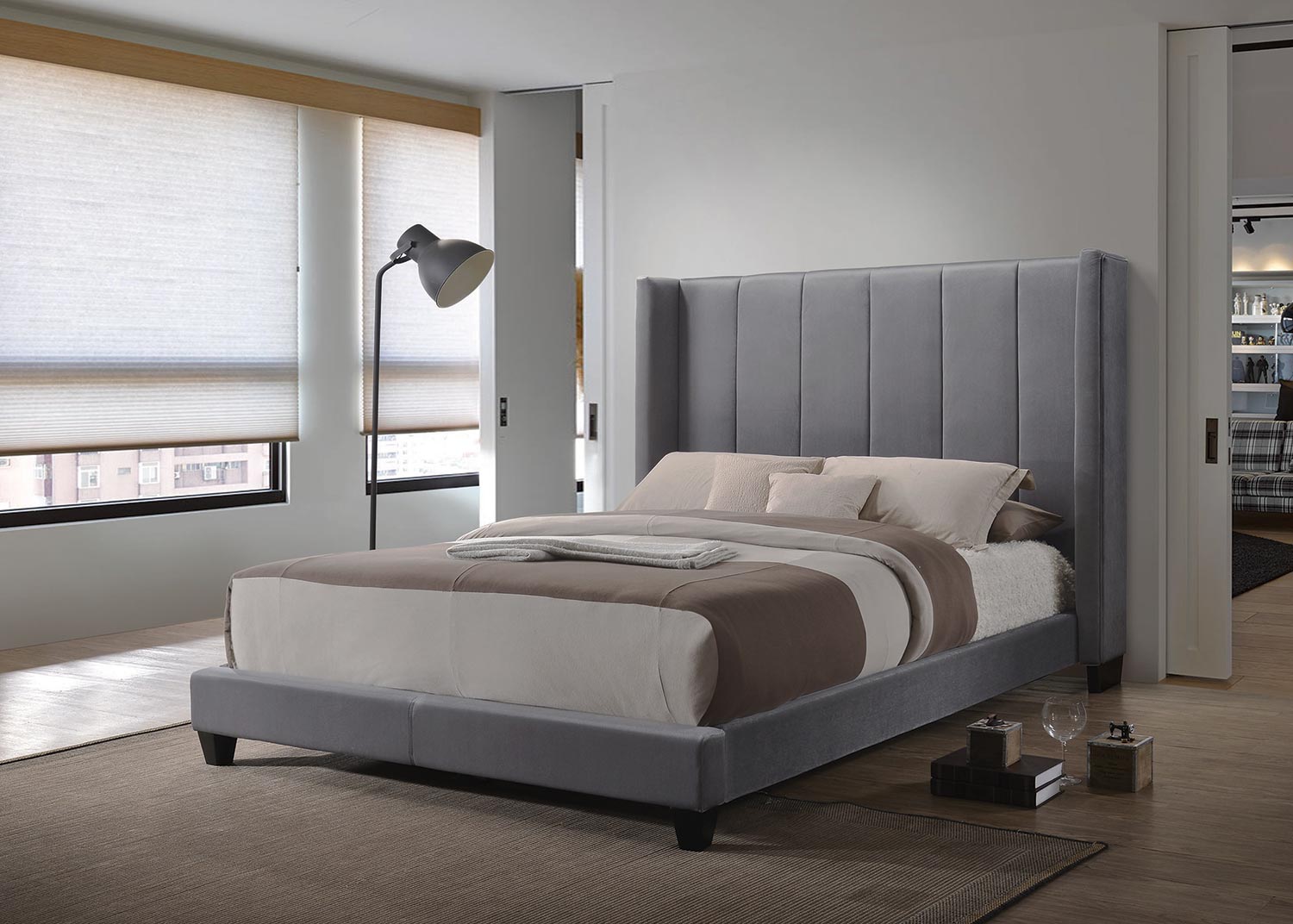 Coaster Hudson Low Profile Upholstered Bed - Gray Velvet