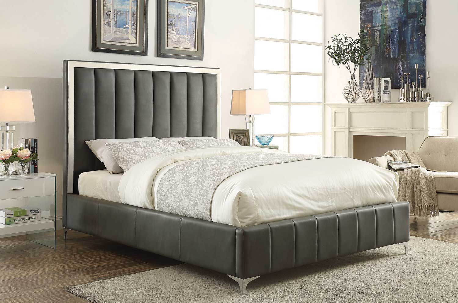 Coaster Jared Low Profile Upholstered Bed - Gray Leatherette