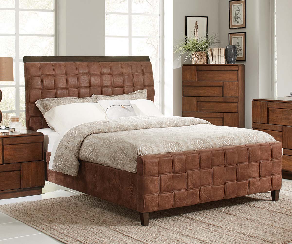 Coaster Gallagher Upholstered Woven Queen Bed - Golden Brown - Coated Brown Microfiber