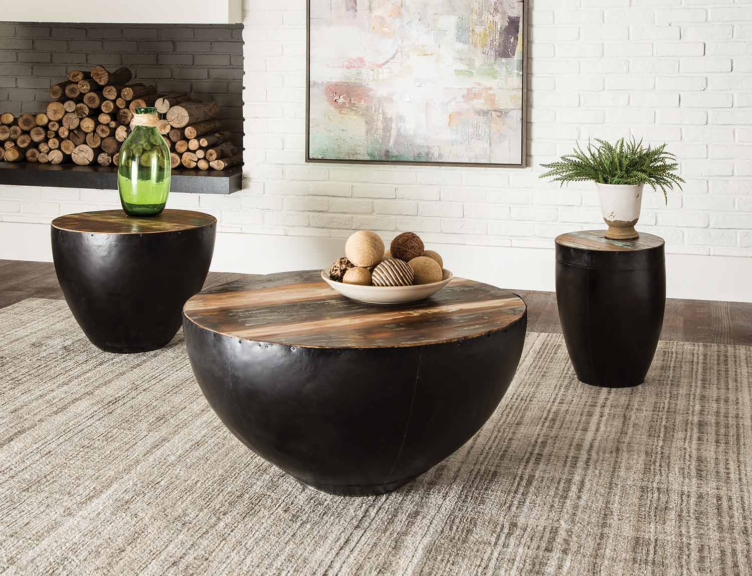 Coaster 705536 Coffee Table Set - Natural Reclaimed Wood/Black Iron