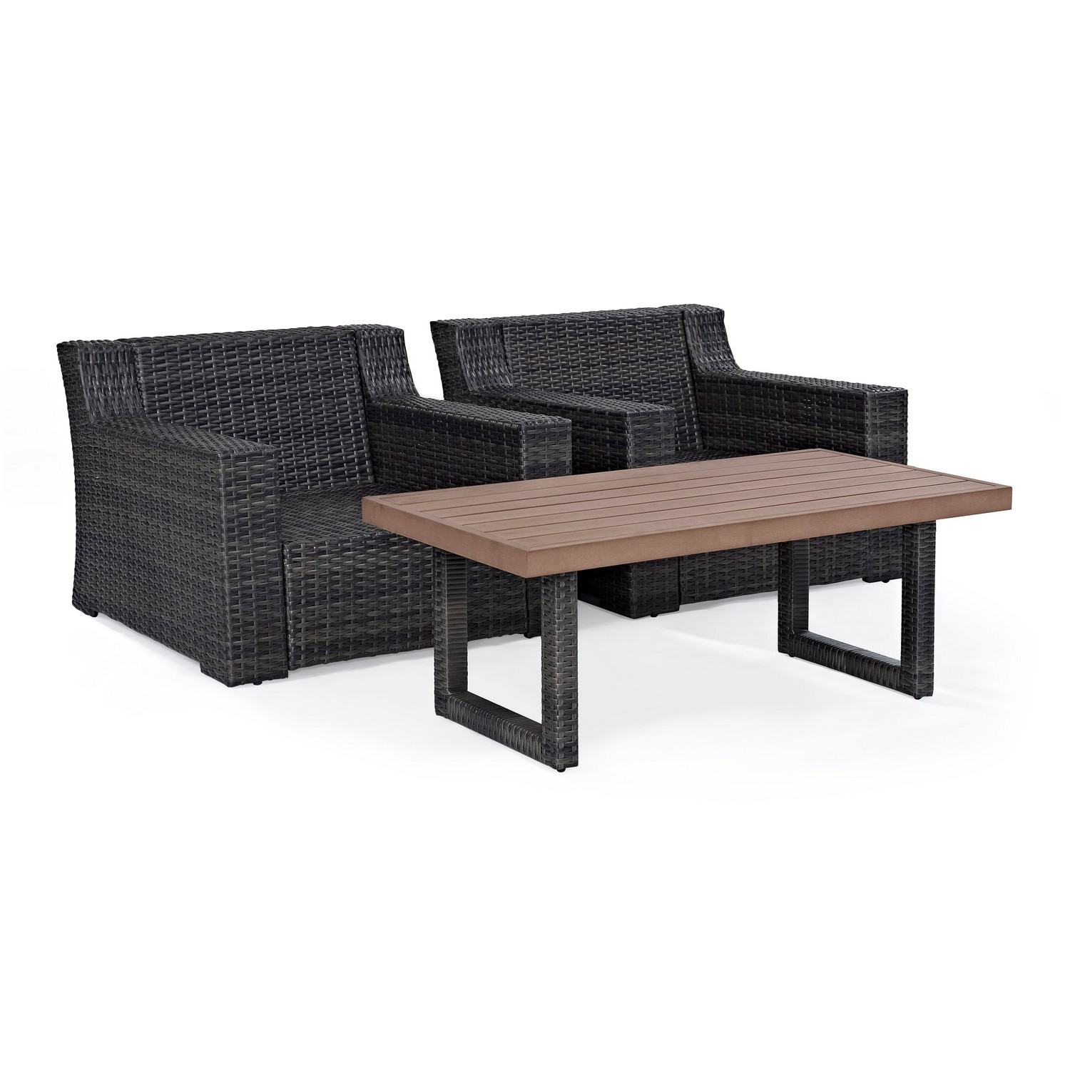 Crosley Beaufort 3-PC Outdoor Wicker Chair Set - Coffee Table and 2 Chairs - Mist/Brown