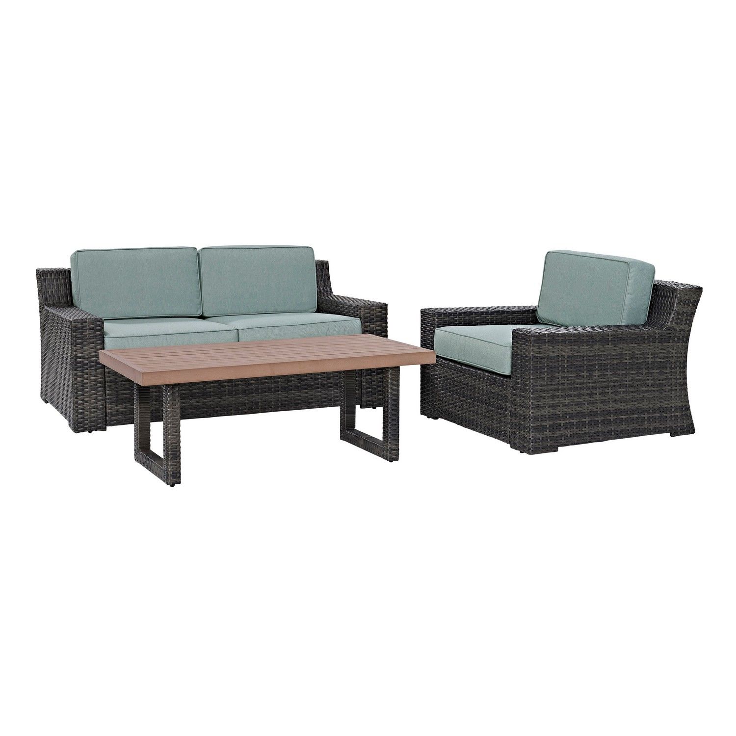 Crosley Beaufort 3-PC Outdoor Wicker Conversation Set - Loveseat, Chair, Coffee Table - Mist/Brown