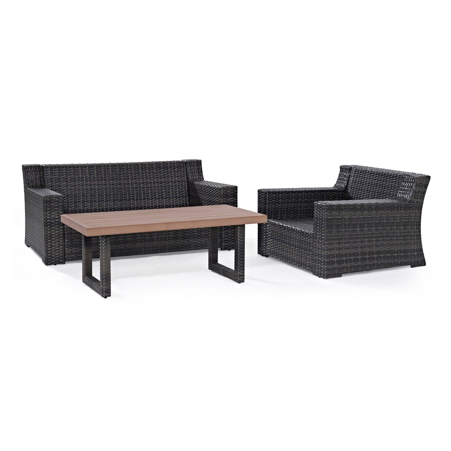 Crosley Beaufort 3-PC Outdoor Wicker Conversation Set - Loveseat, Chair, Coffee Table - Mist/Brown