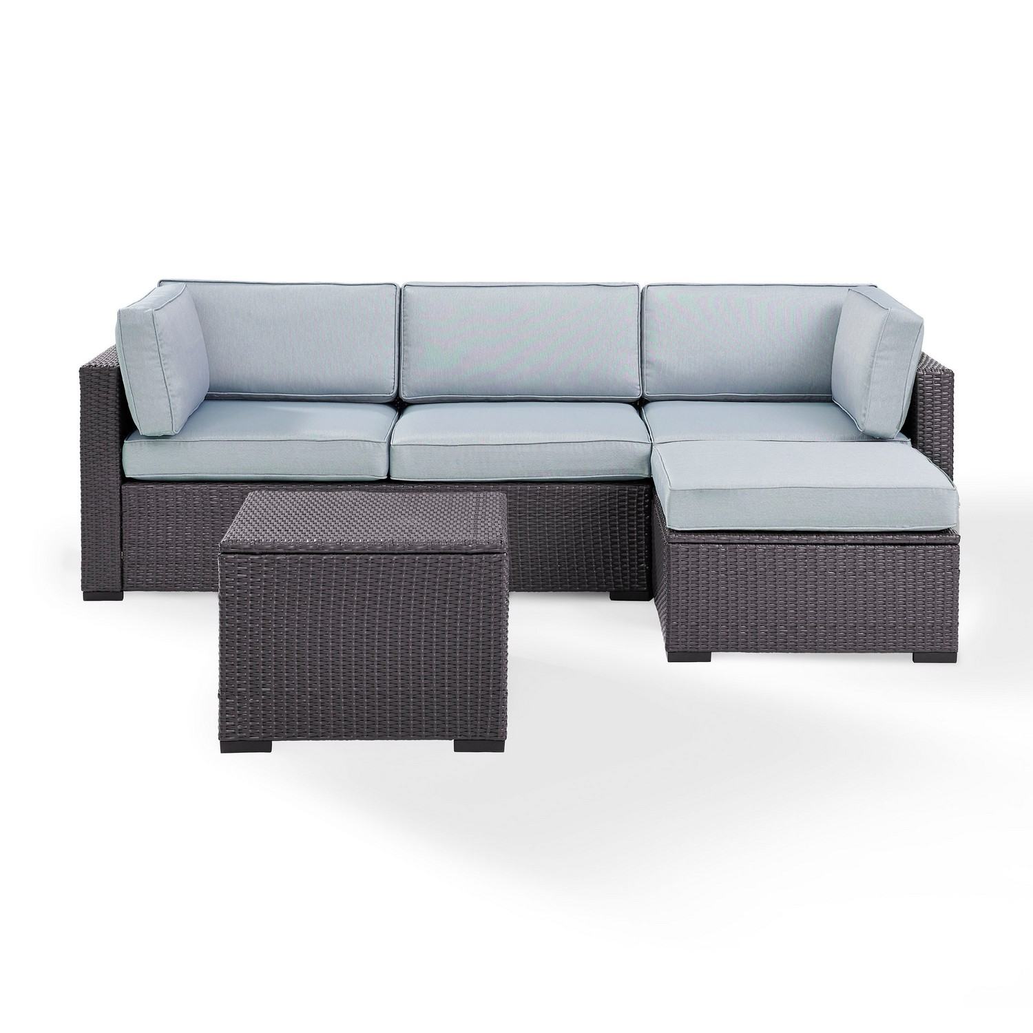 Crosley Biscayne 4-PC Outdoor Wicker Sectional Set - Loveseat, Corner Chair, Ottoman, Coffee Table - Mist/Brown