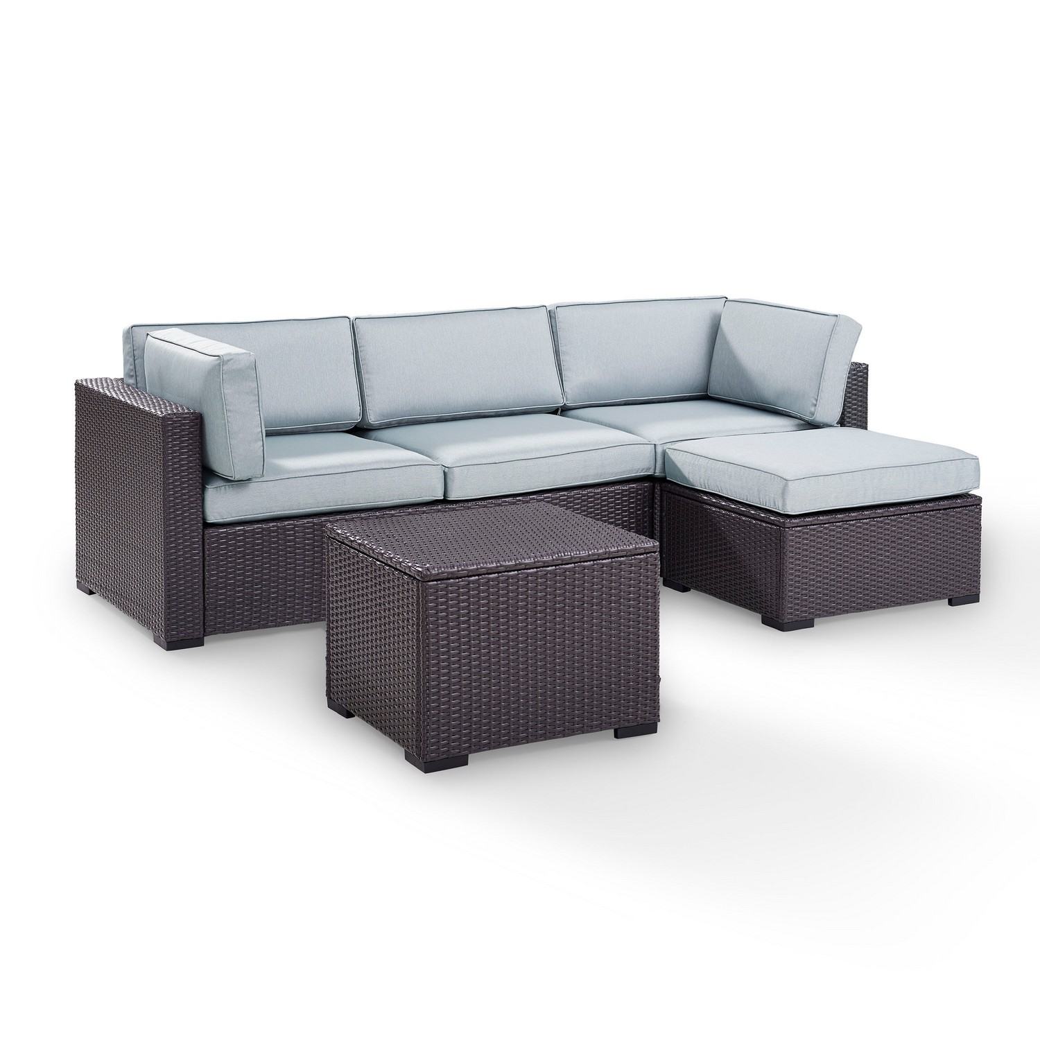 Crosley Biscayne 4-PC Outdoor Wicker Sectional Set - Loveseat, Corner Chair, Ottoman, Coffee Table - Mist/Brown