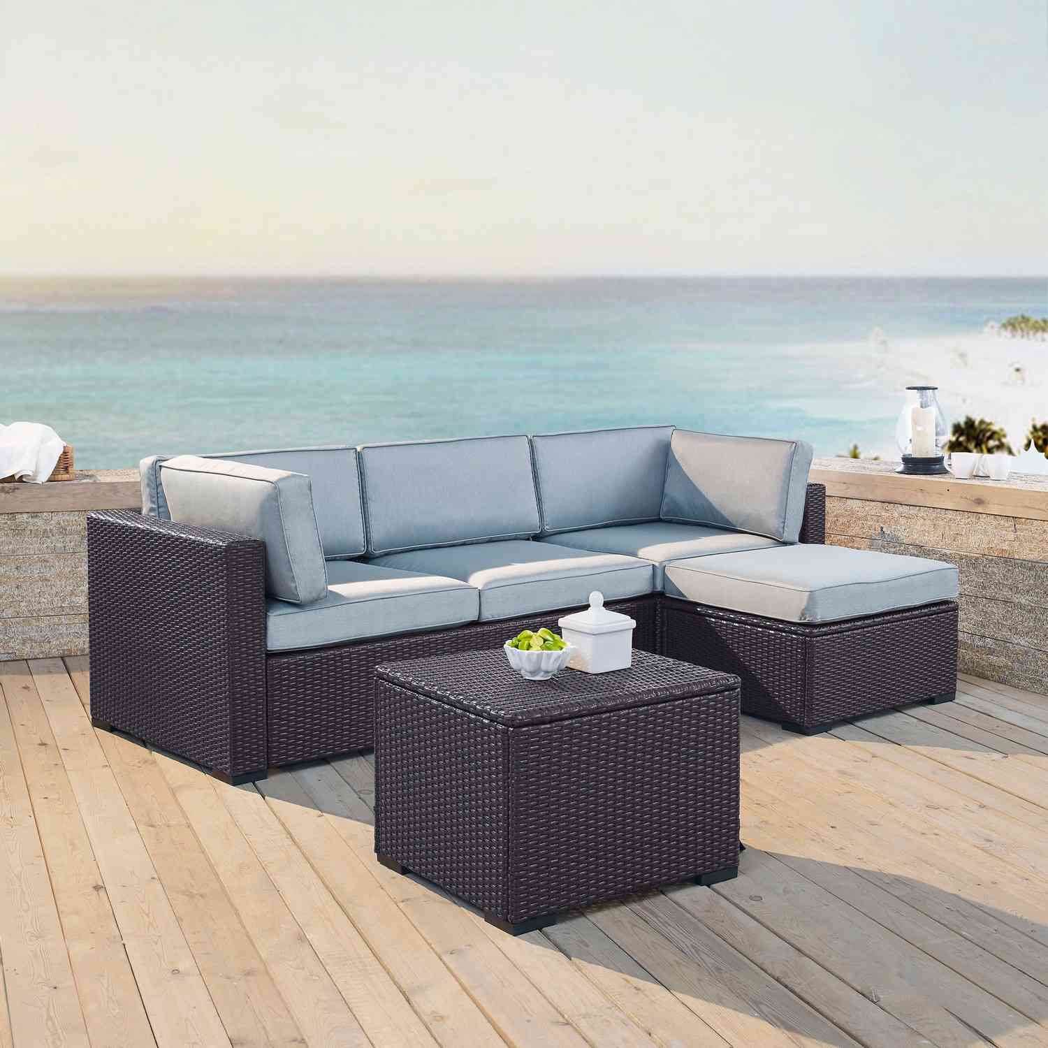 Crosley Biscayne 4-PC Outdoor Wicker Sectional Set - Loveseat, Corner Chair, Ottoman, Coffee Table - Mist/Brown