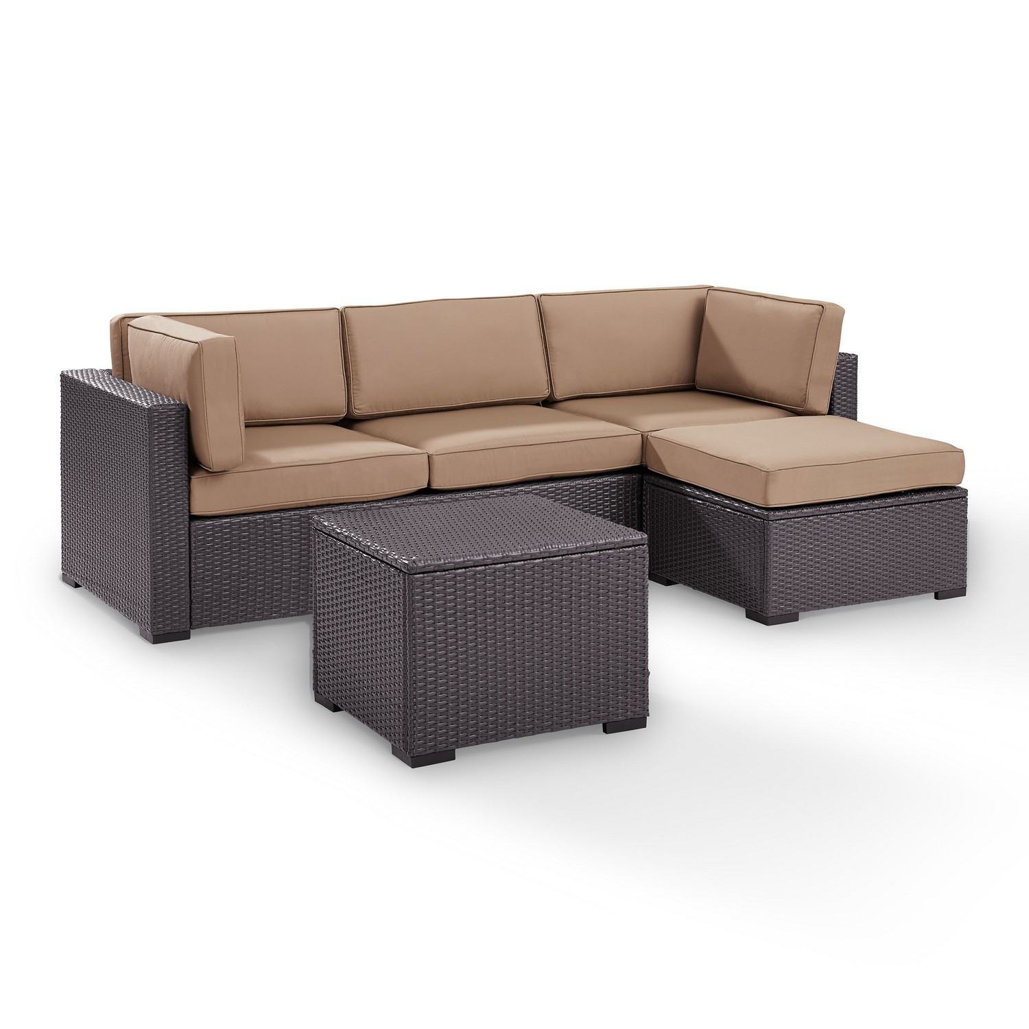 Crosley Biscayne 4-PC Outdoor Wicker Sectional Set - Loveseat, Corner Chair, Ottoman, Coffee Table - Mocha/Brown