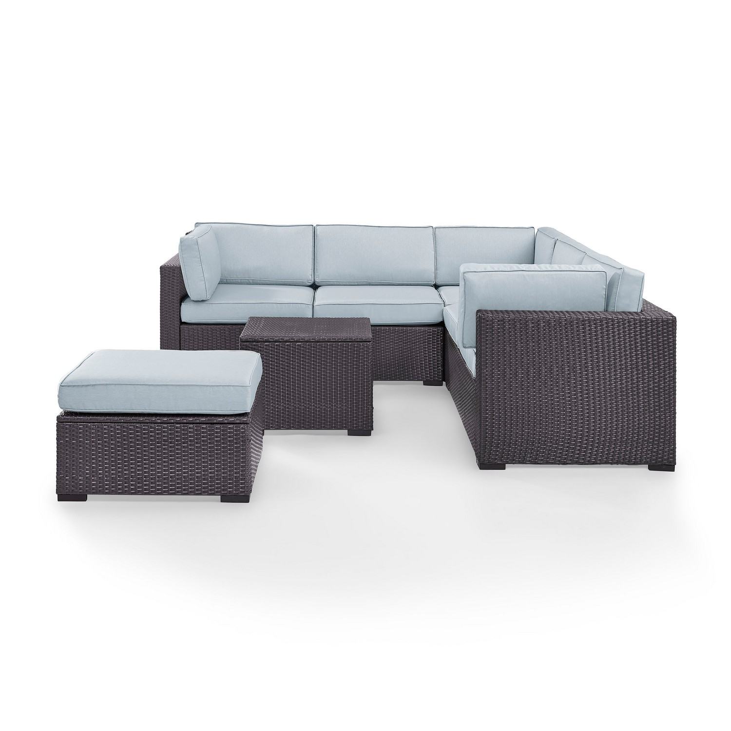 Crosley Biscayne 5-PC Outdoor Wicker Sectional Set - 2 Loveseats, Corner Chair, Coffee Table, Ottoman - Mist/Brown