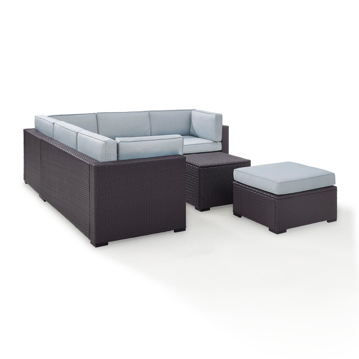 Crosley Biscayne 5-PC Outdoor Wicker Sectional Set - 2 Loveseats, Corner Chair, Coffee Table, Ottoman - Mist/Brown