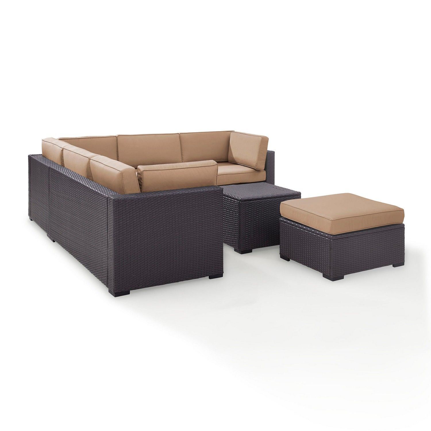 Crosley Biscayne 5-PC Outdoor Wicker Sectional Set - 2 Loveseats, Corner Chair, Coffee Table, Ottoman - Mocha/Brown