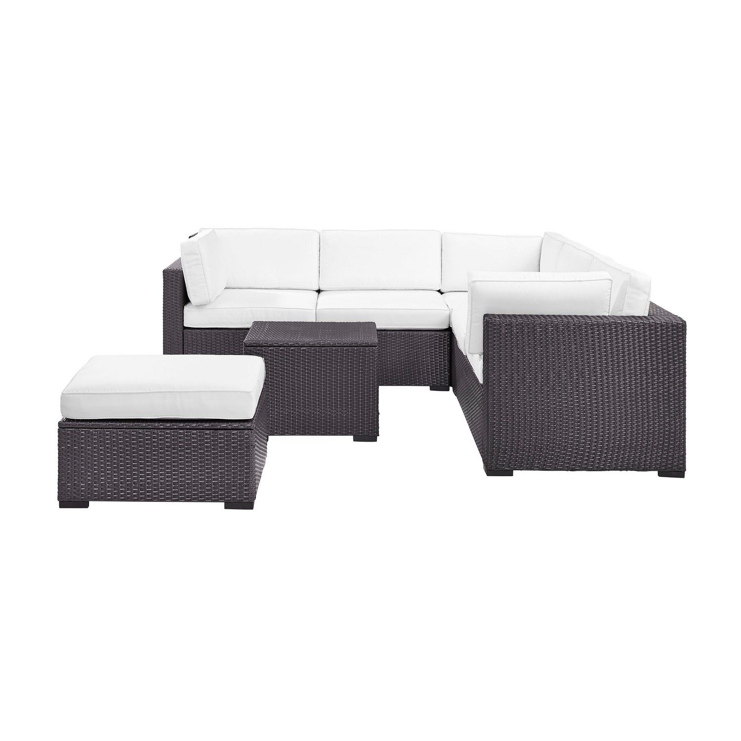 Crosley Biscayne 5-PC Outdoor Wicker Sectional Set - 2 Loveseats, Corner Chair, Coffee Table, Ottoman - White/Brown