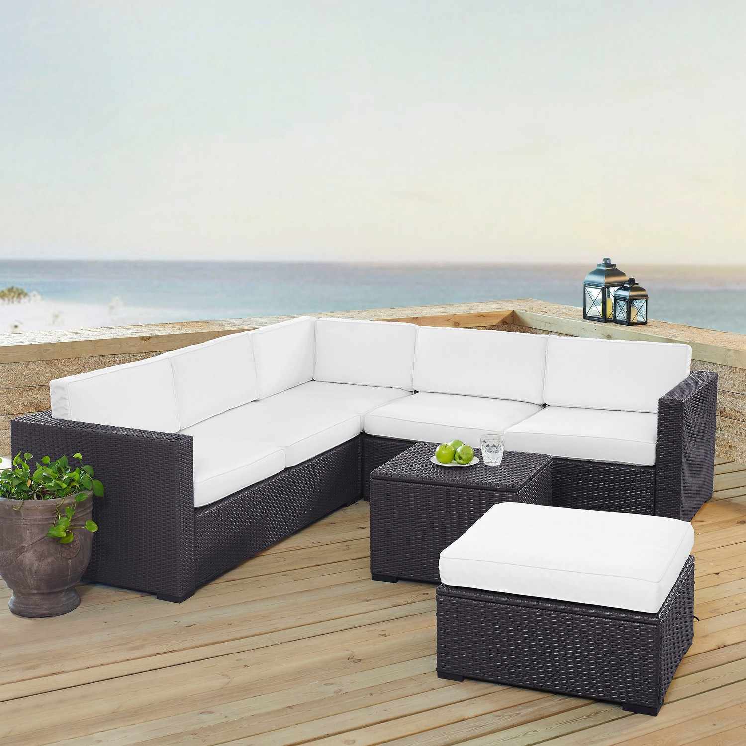 Crosley Biscayne 5-PC Outdoor Wicker Sectional Set - 2 Loveseats, Corner Chair, Coffee Table, Ottoman - White/Brown