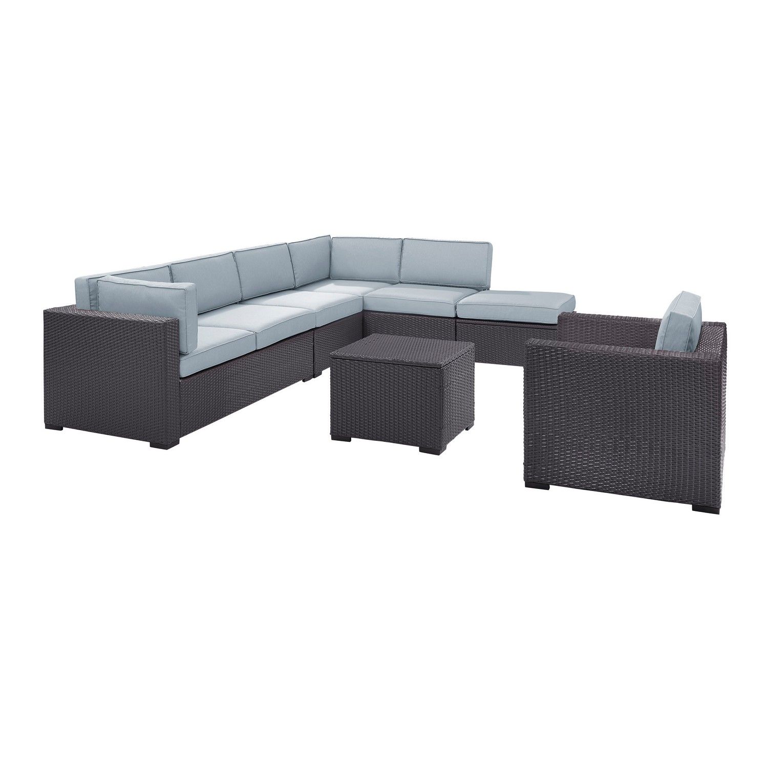 Crosley Biscayne 6-PC Outdoor Wicker Sectional Set - 2 Loveseats, Armless Chair, Arm Chair, Coffee Table, Ottoman - Mist/Brown
