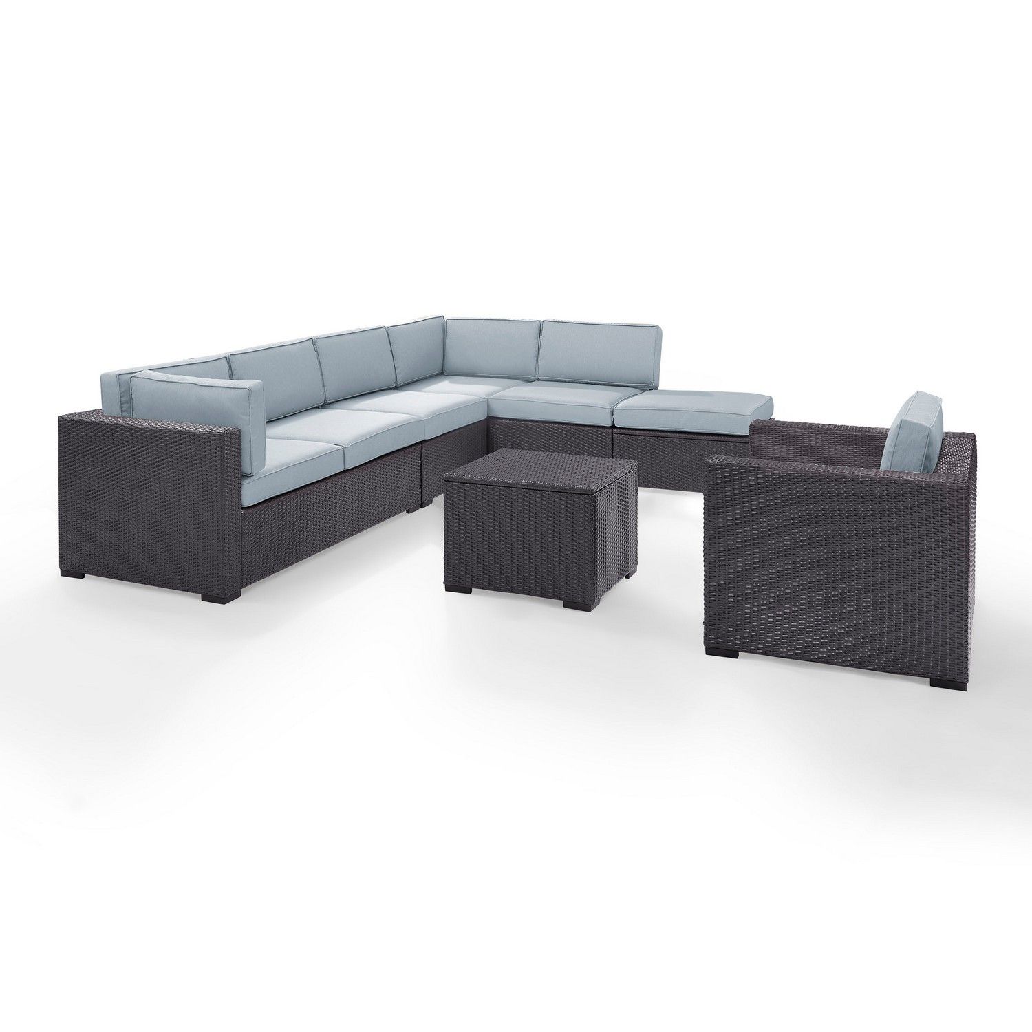 Crosley Biscayne 6-PC Outdoor Wicker Sectional Set - 2 Loveseats, Armless Chair, Arm Chair, Coffee Table, Ottoman - Mist/Brown