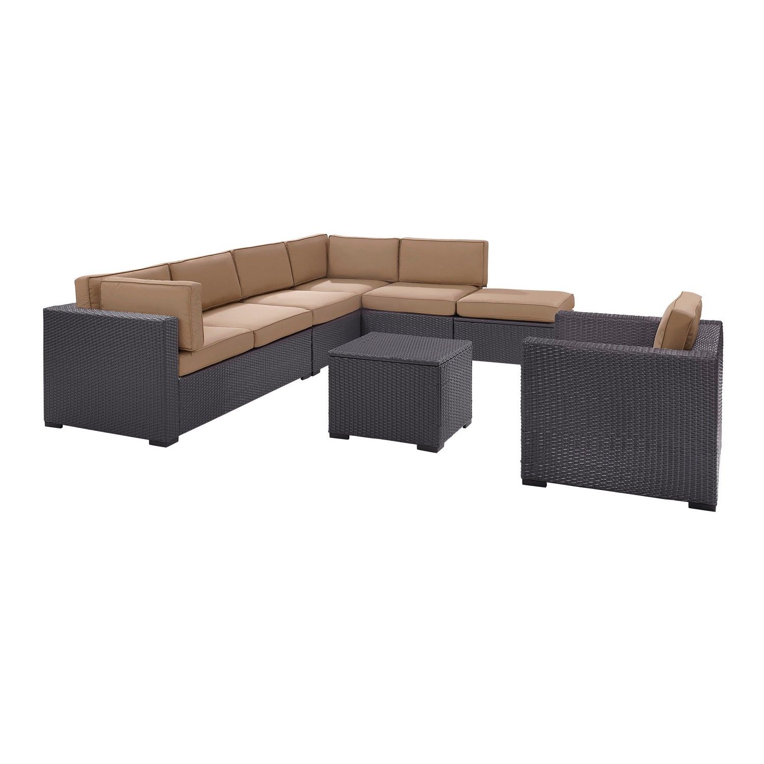 Crosley Biscayne 6-PC Outdoor Wicker Sectional Set - 2 Loveseats, Armless Chair, Arm Chair, Coffee Table, Ottoman - Mocha/Brown