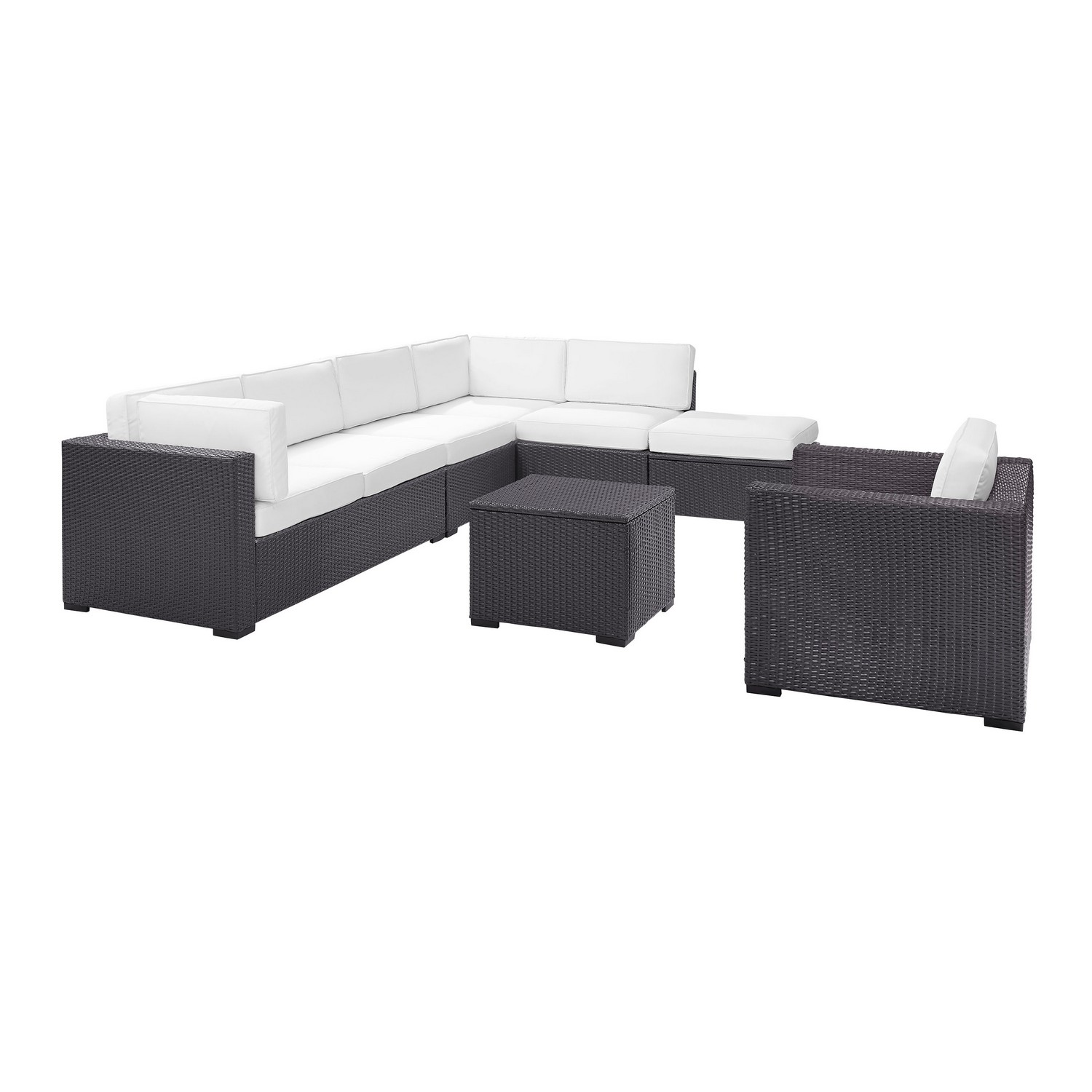 Crosley Biscayne 6-PC Outdoor Wicker Sectional Set - 2 Loveseats, Armless Chair, Arm Chair, Coffee Table, Ottoman - White/Brown