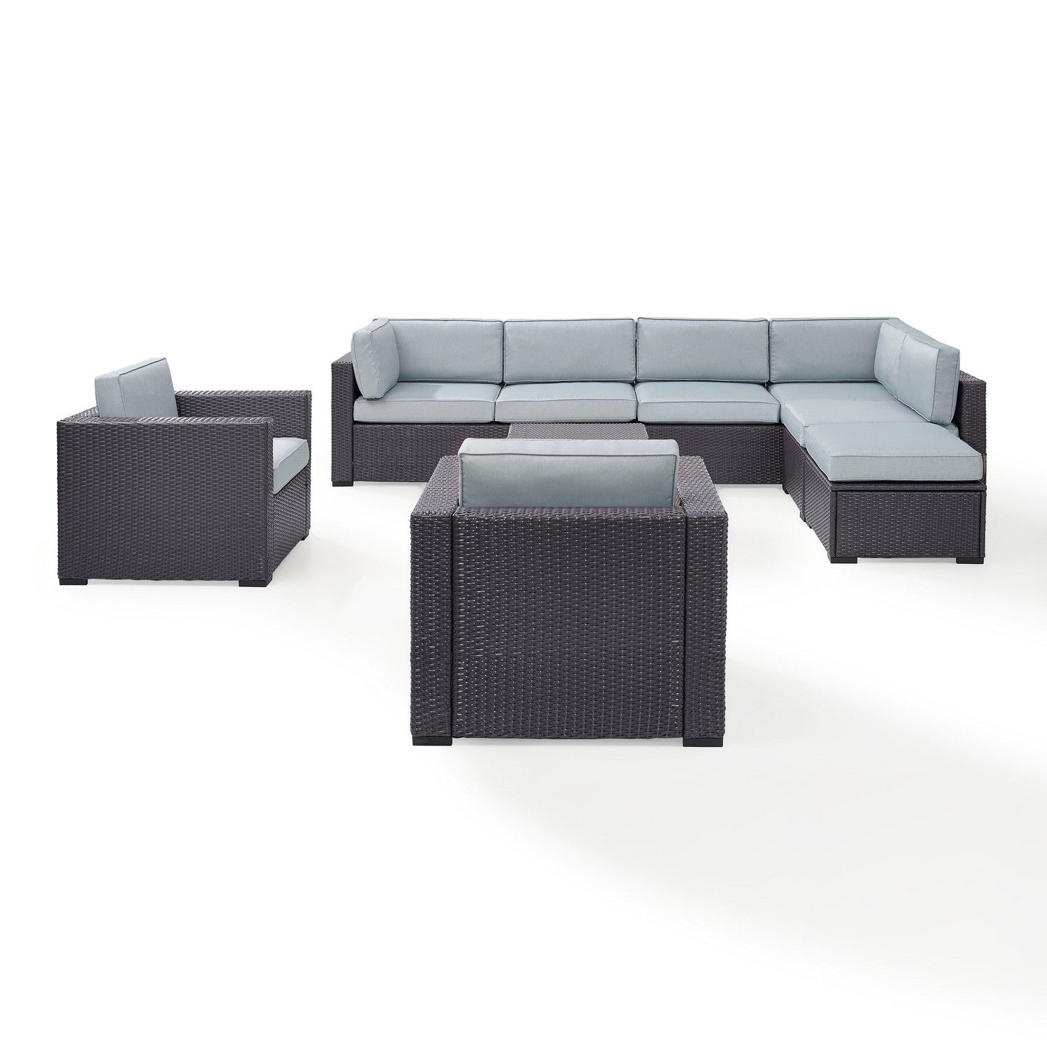 Crosley Biscayne 7-PC Outdoor Wicker Sectional Set - 2 Loveseats, 2 Arm Chairs, Armless Chair, Coffee Table, Ottoman - Mist/Brown