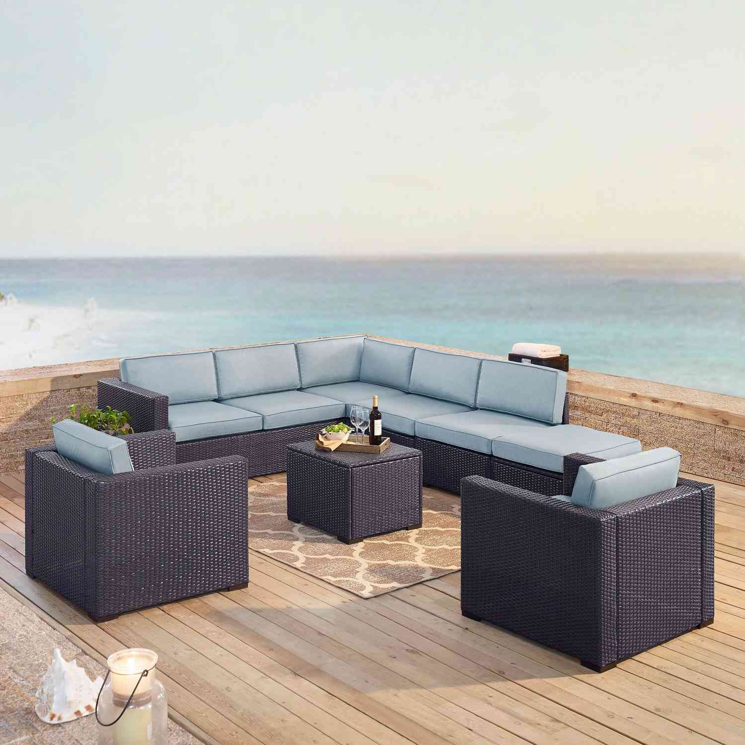 Crosley Biscayne 7-PC Outdoor Wicker Sectional Set - 2 Loveseats, 2 Arm Chairs, Armless Chair, Coffee Table, Ottoman - Mist/Brown