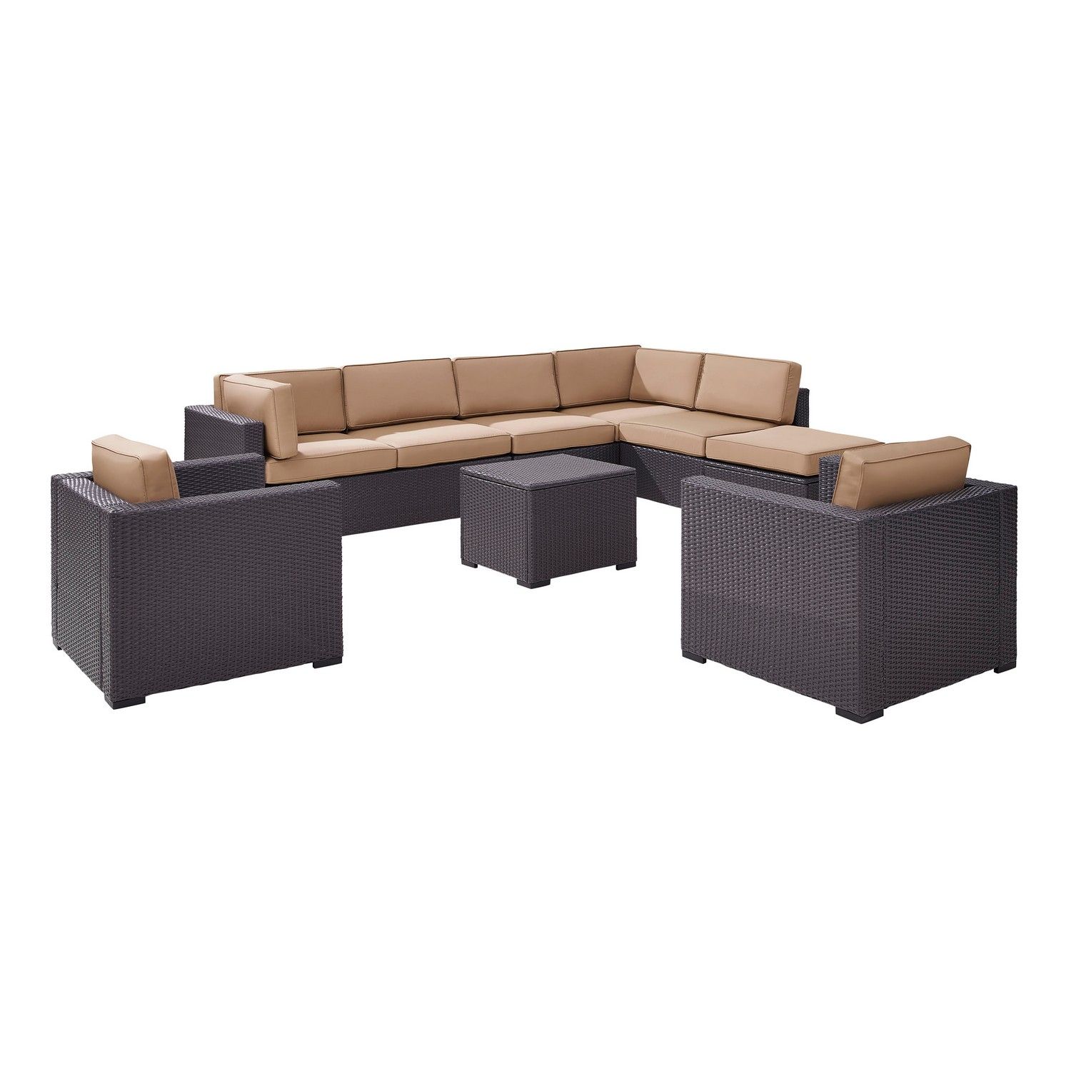 Crosley Biscayne 7-PC Outdoor Wicker Sectional Set - 2 Loveseats, 2 Arm Chairs, Armless Chair, Coffee Table, Ottoman - Mocha/Brown
