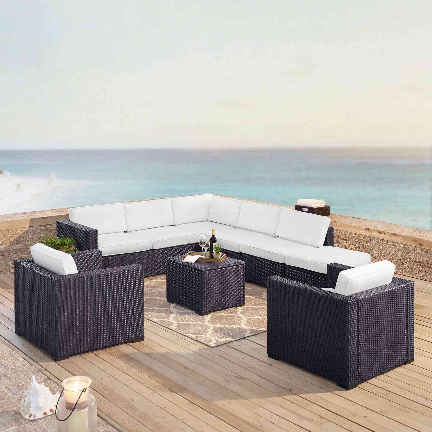 Crosley Biscayne 7-PC Outdoor Wicker Sectional Set - 2 Loveseats, 2 Arm Chairs, Armless Chair, Coffee Table, Ottoman - White/Brown