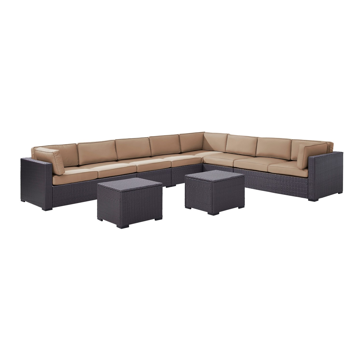 Crosley Biscayne 7-PC Outdoor Wicker Sectional Set - 3 Loveseats, 2 Armless Chair, 2 Coffee Tables - Mocha/Brown