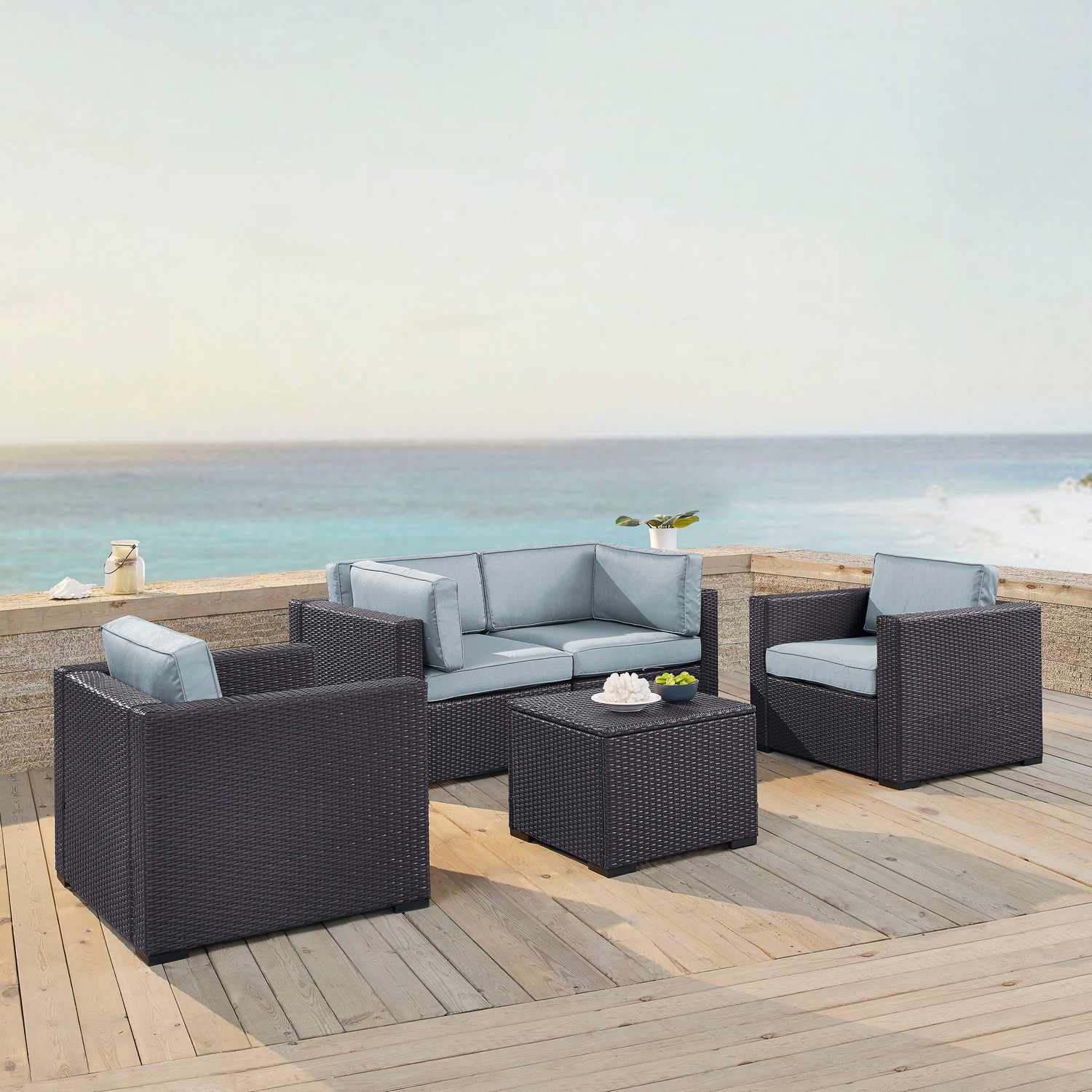 Crosley Biscayne 5-PC Outdoor Wicker Sectional Set - 2 Armchairs, 2 Corner Chair, Coffee Table - Mist/Brown